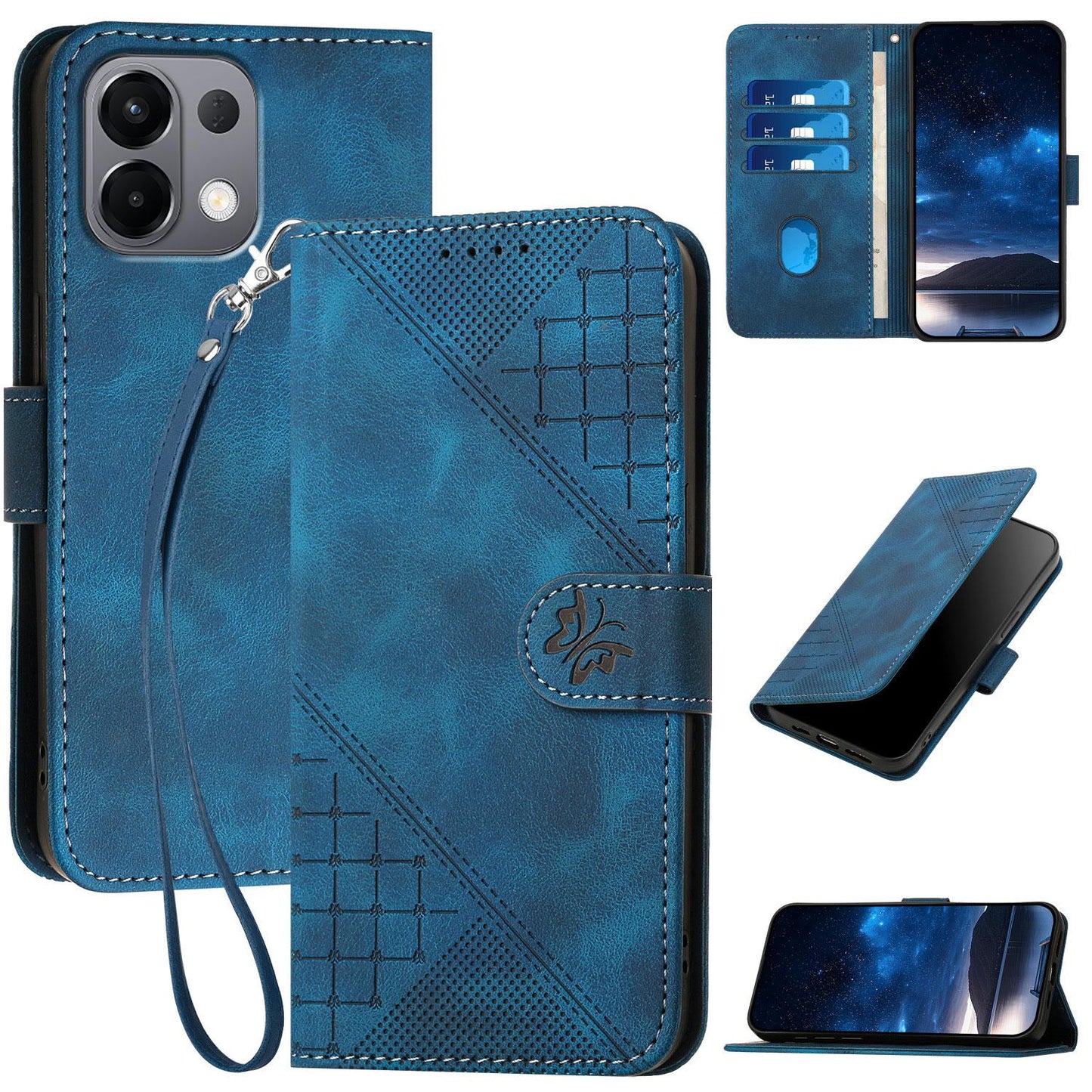 For OPPO K13 5G Grid Butterfly Embossed Pattern Leather Phone Case with Lanyard(Dark Blue)