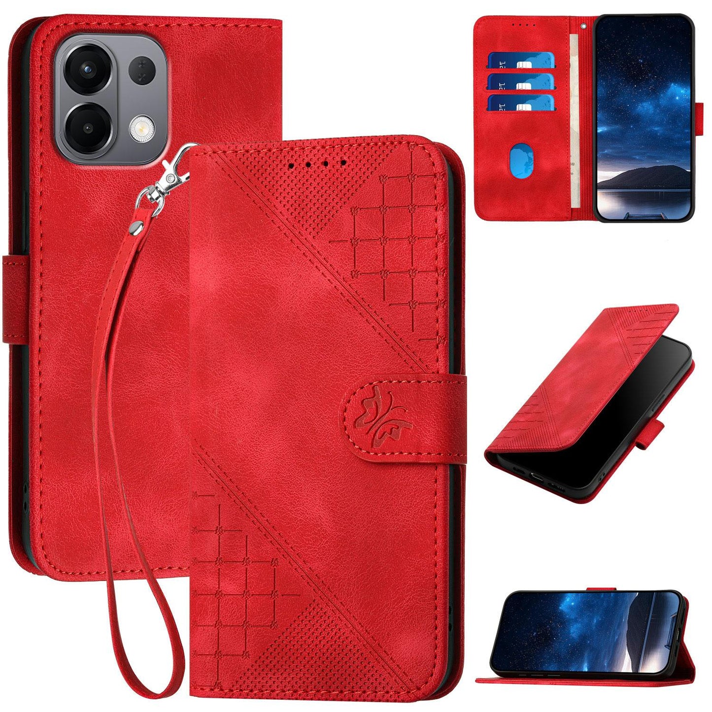 For OPPO K13 5G Grid Butterfly Embossed Pattern Leather Phone Case with Lanyard(Red)
