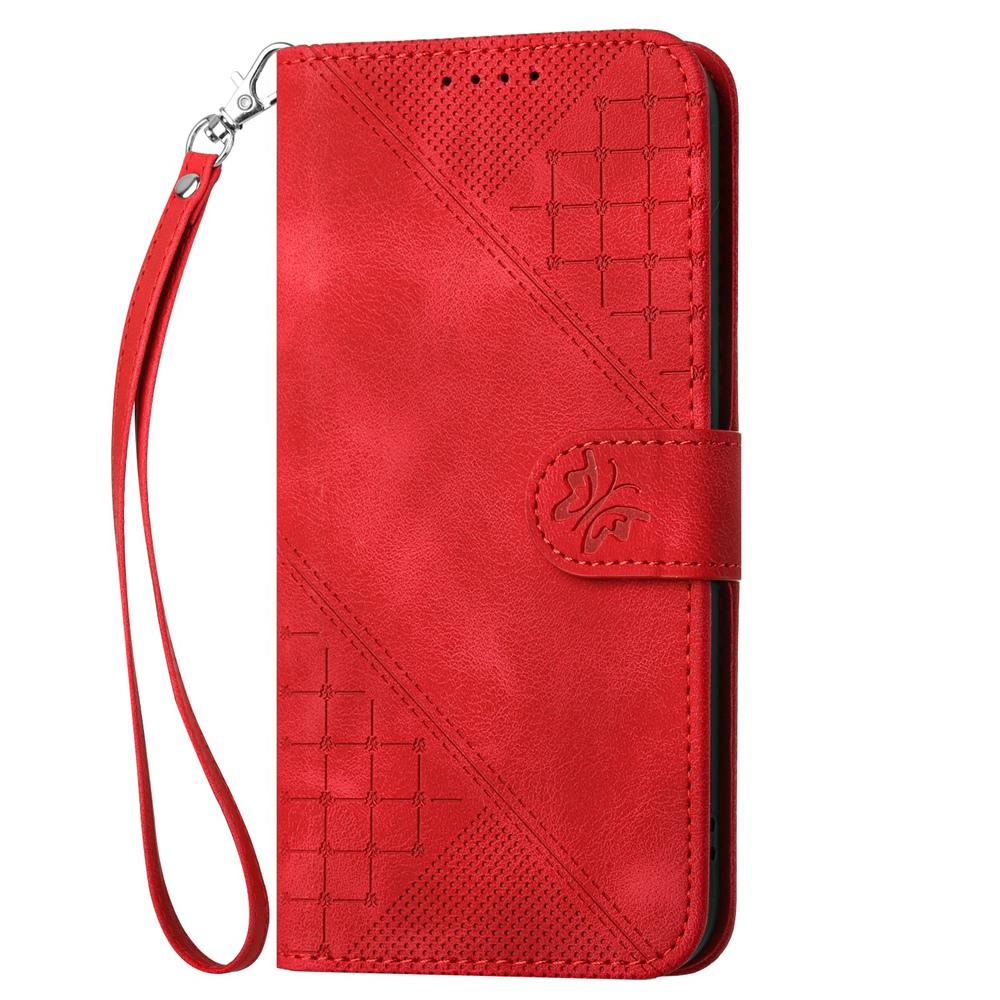 For OPPO K13 5G Grid Butterfly Embossed Pattern Leather Phone Case with Lanyard(Red)