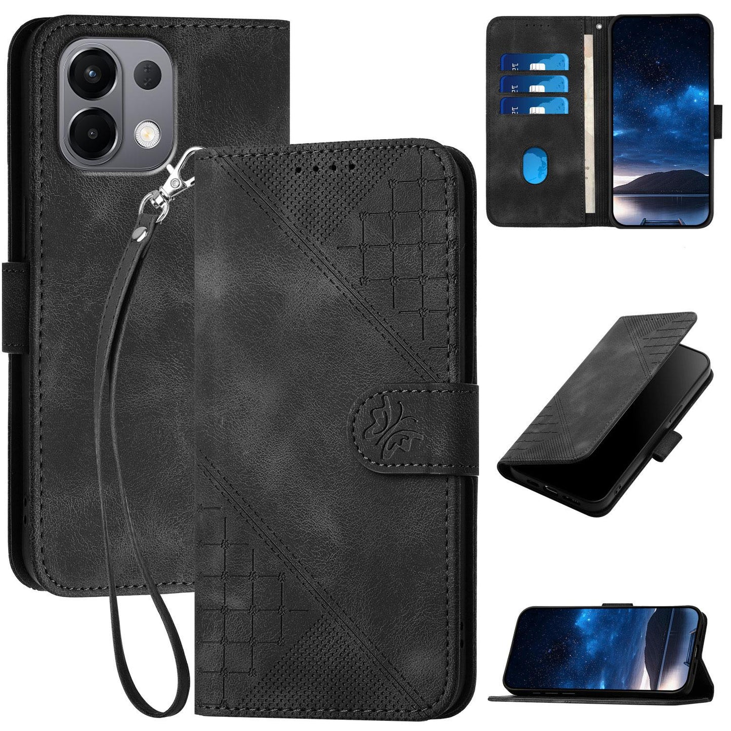 For OPPO K13 5G Grid Butterfly Embossed Pattern Leather Phone Case with Lanyard(Black)