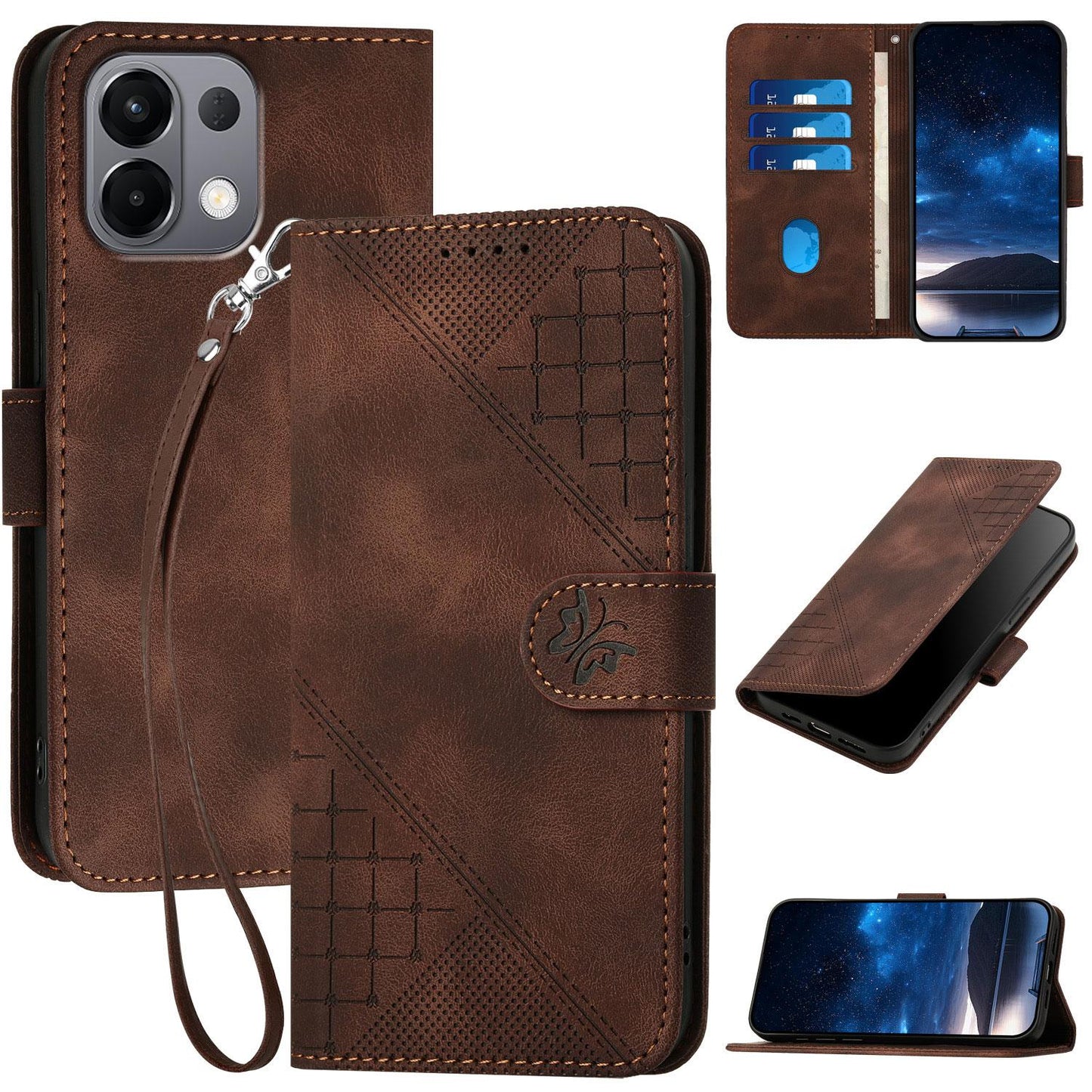 For OPPO K13 5G Grid Butterfly Embossed Pattern Leather Phone Case with Lanyard(Coffee)