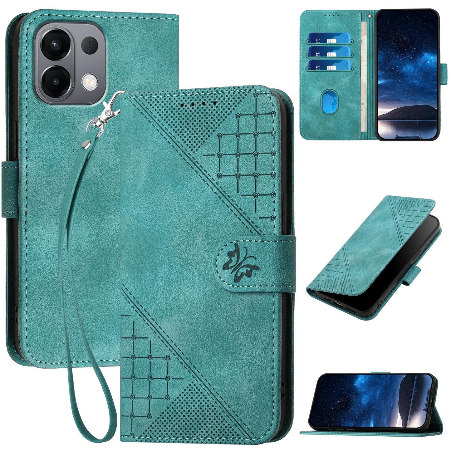 For OPPO K13 5G Grid Butterfly Embossed Pattern Leather Phone Case with Lanyard(Light Blue)
