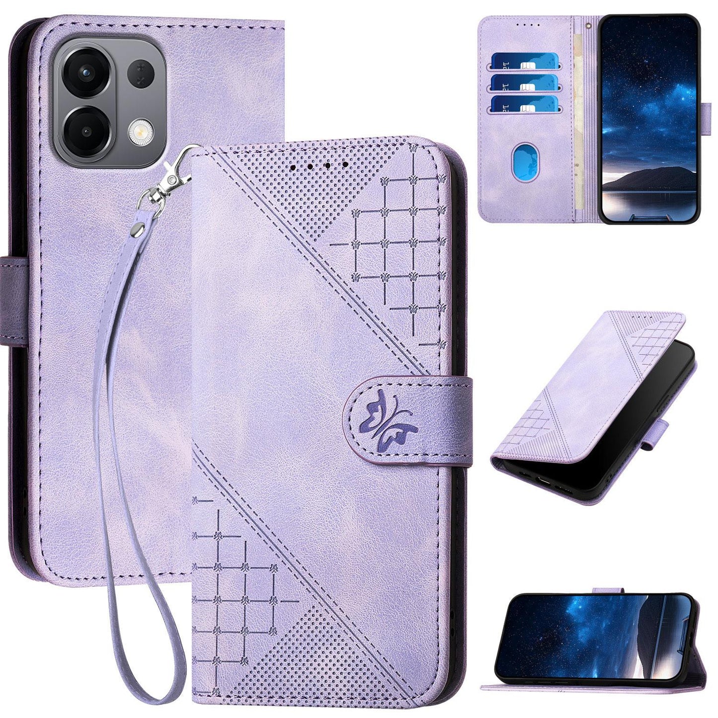 For OPPO K13 5G Grid Butterfly Embossed Pattern Leather Phone Case with Lanyard(Light Purple)