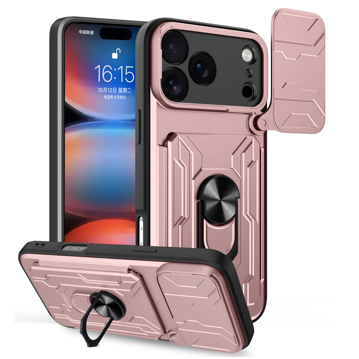 Compatible with iPhone 18 Pro Max Sliding Camshield TPU+PC Phone Case with Card Slot - Rose Gold