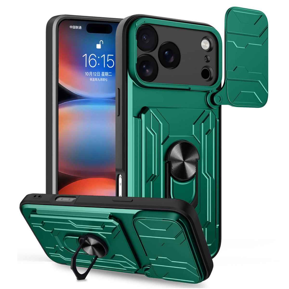 Compatible with iPhone 18 Pro Max Sliding Camshield TPU+PC Phone Case with Card Slot - Dark Green