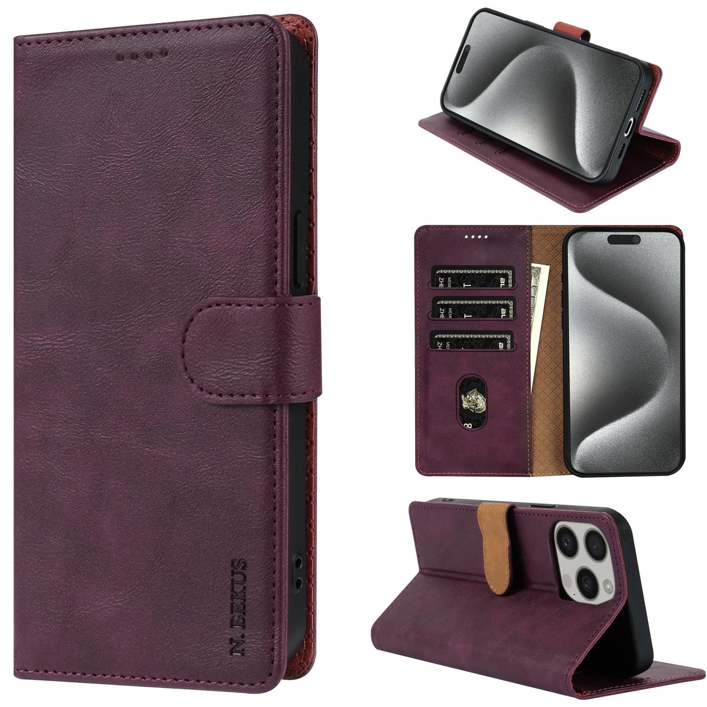 For iPhone 16e N.BEKUS CSJ-P1 Solid Color Leather Phone Case(Wine Red)