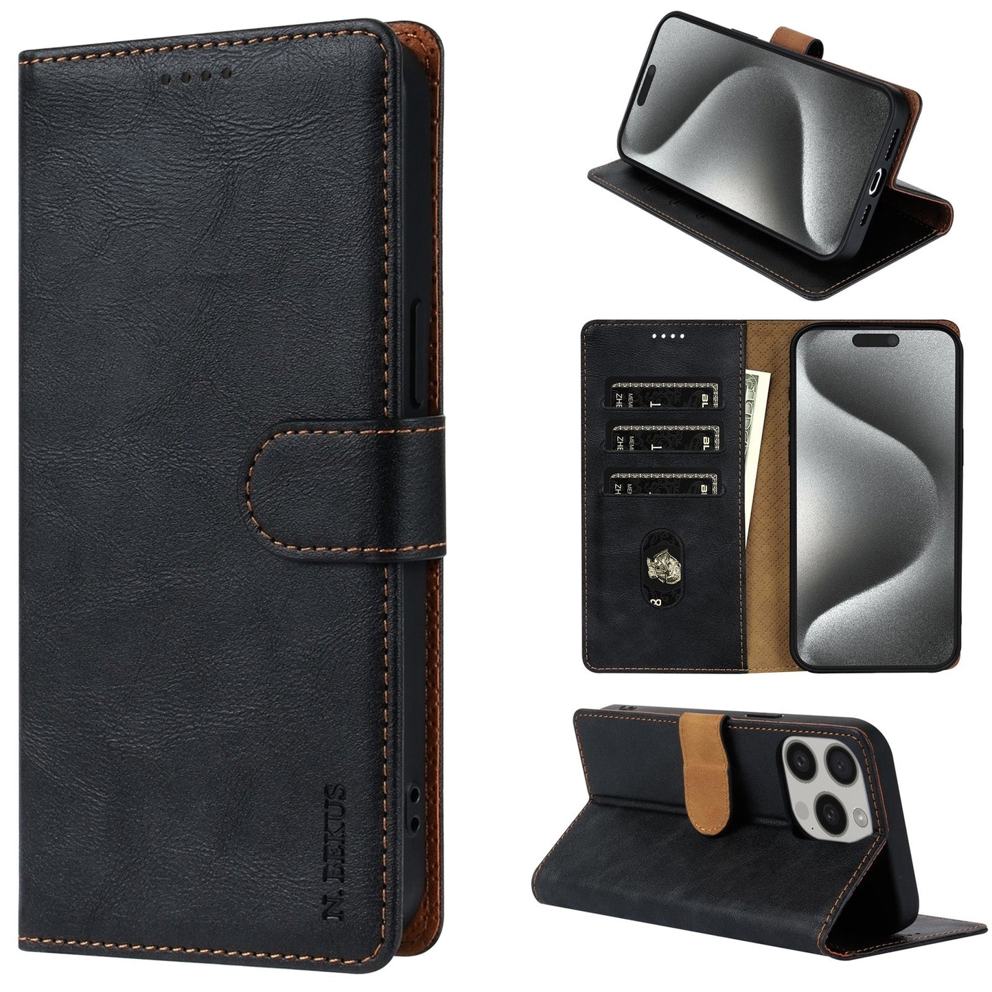 For iPhone 16e N.BEKUS CSJ-P1 Solid Color Leather Phone Case(Black)