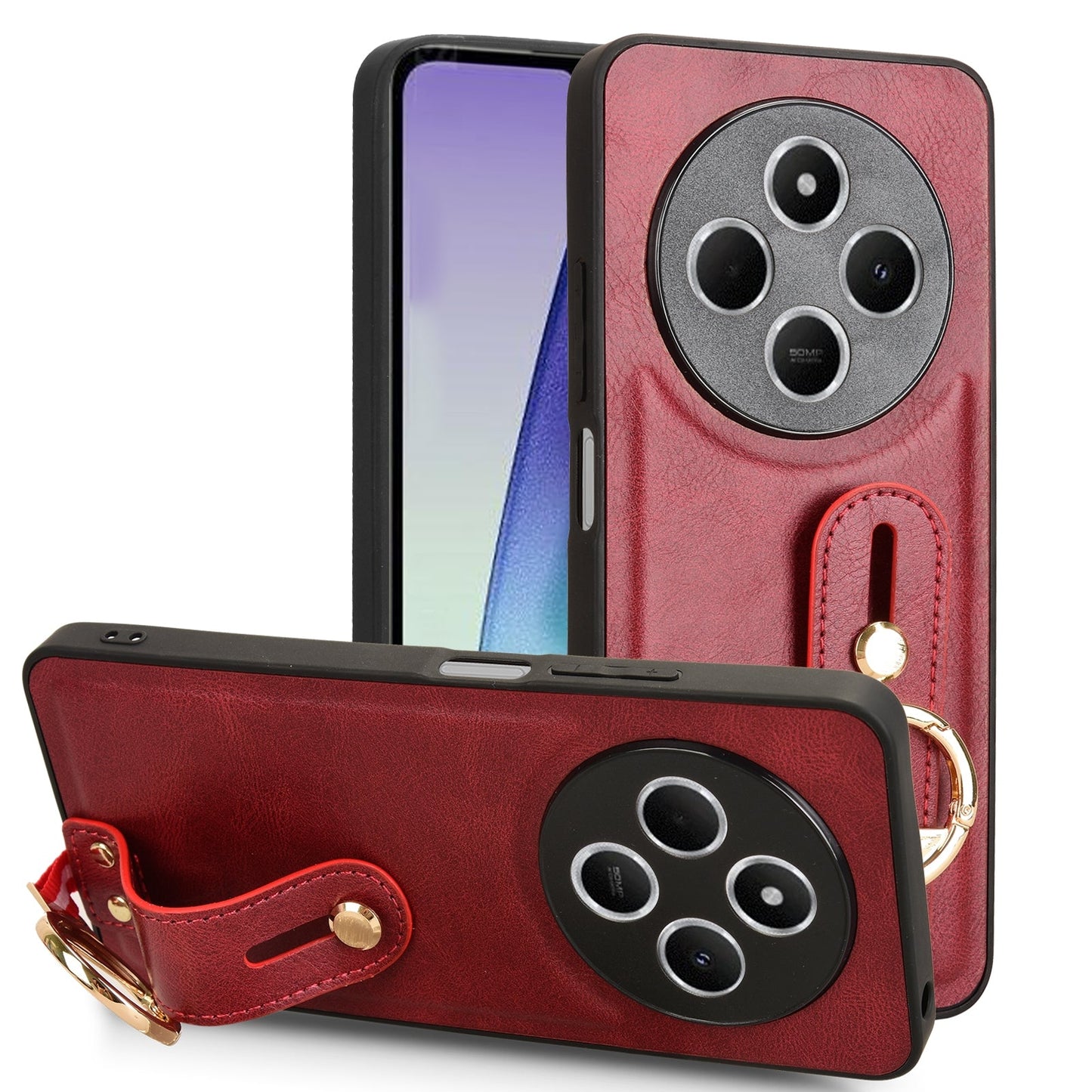 For Redmi 14C 4G Wristband Leather Back Phone Case(Red)