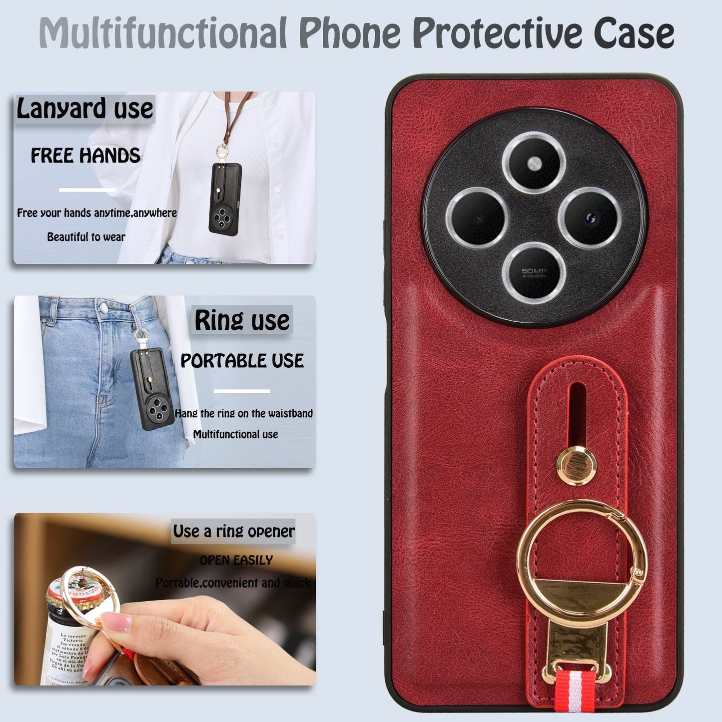 For Redmi 14C 4G Wristband Leather Back Phone Case(Red)