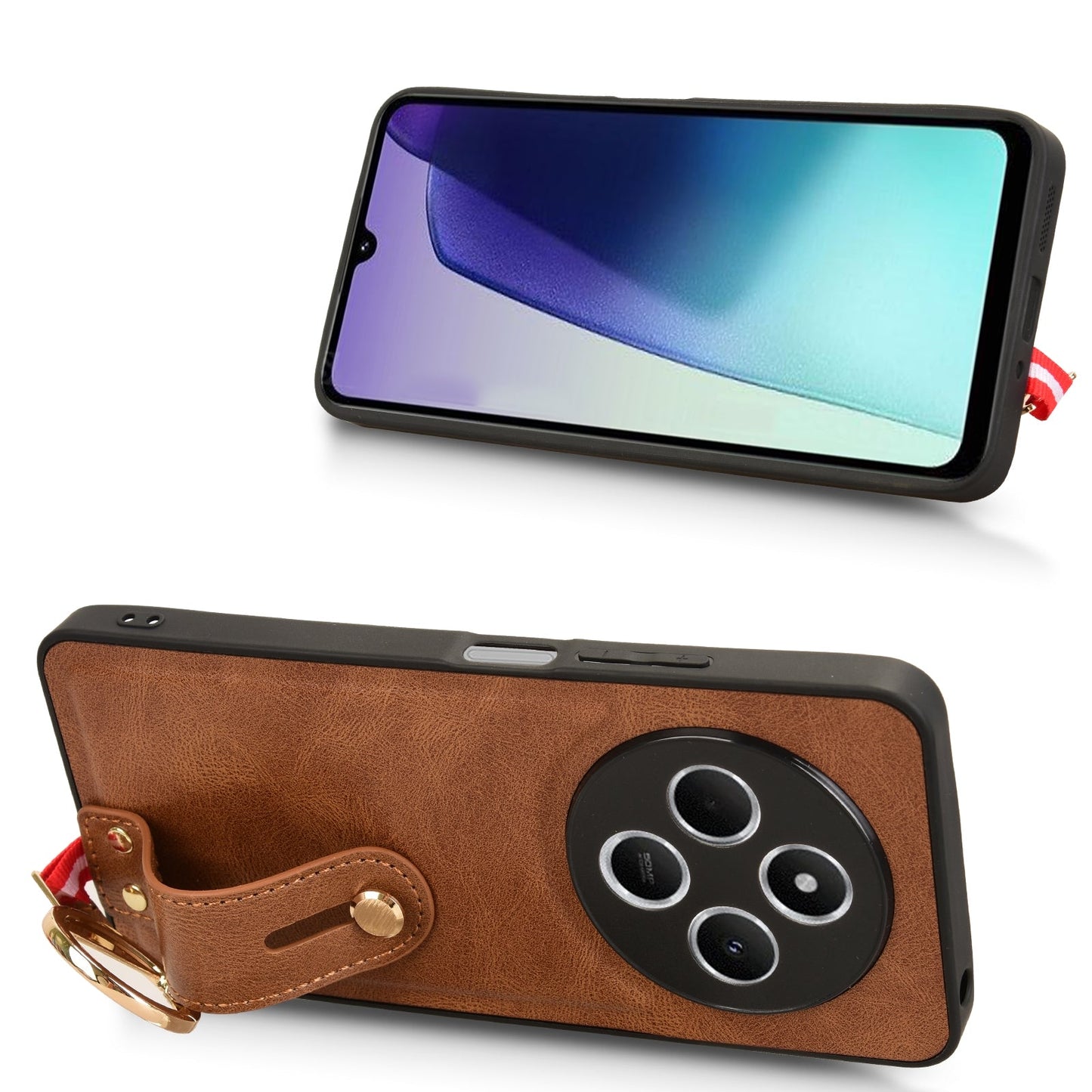 For Redmi 14C 4G Wristband Leather Back Phone Case(Brown)