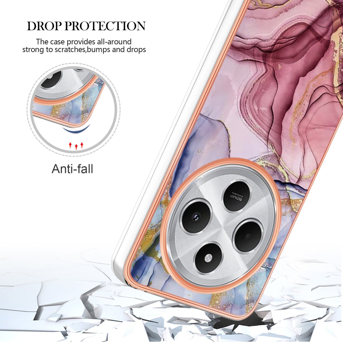 For Redmi 14C 4G Electroplating Marble Dual-side IMD Phone Case(Rose Red 014)