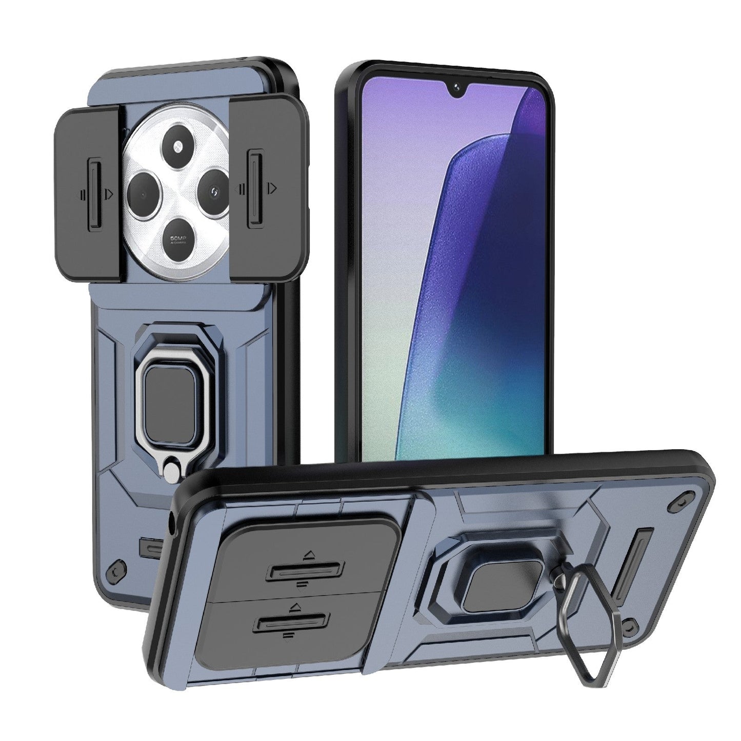 For Redmi 14C 4G Sliding Camshield TPU + PC Shockproof Phone Case with Holder(Blue)