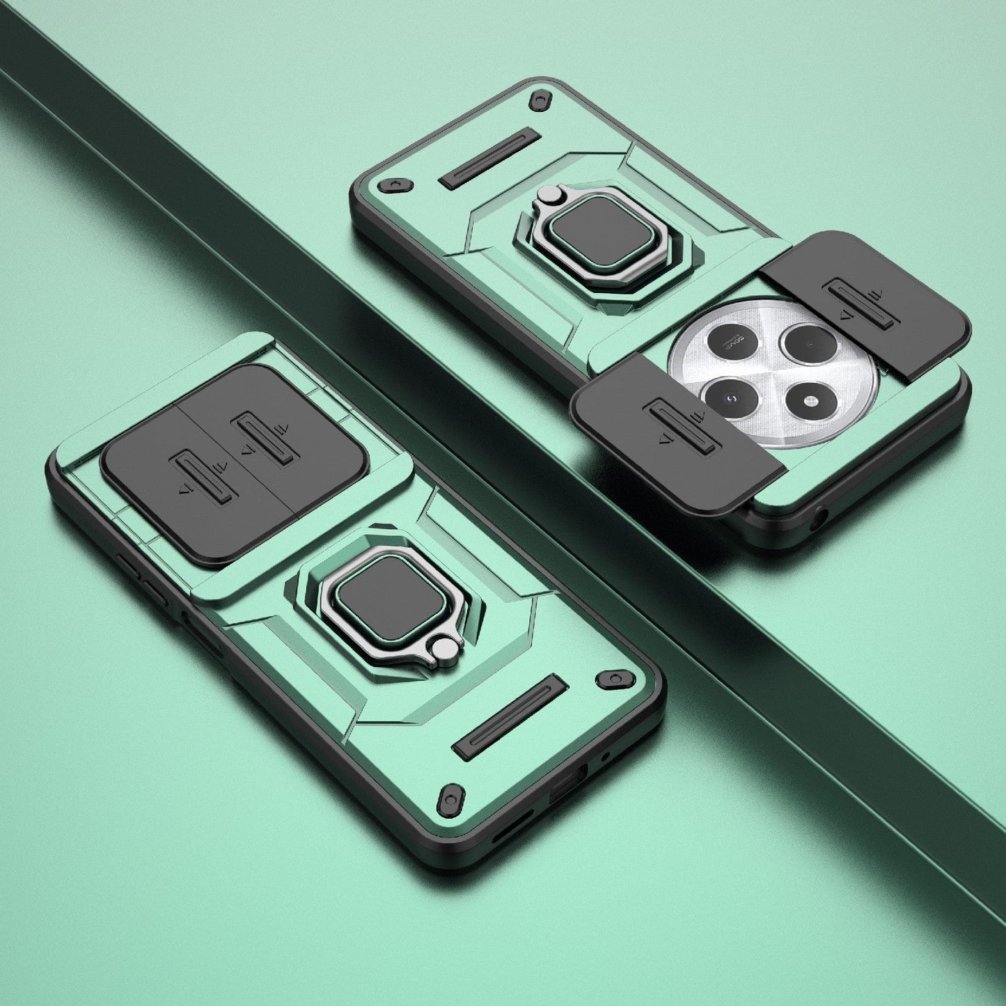 For Redmi 14C 4G Sliding Camshield TPU + PC Shockproof Phone Case with Holder(Green)