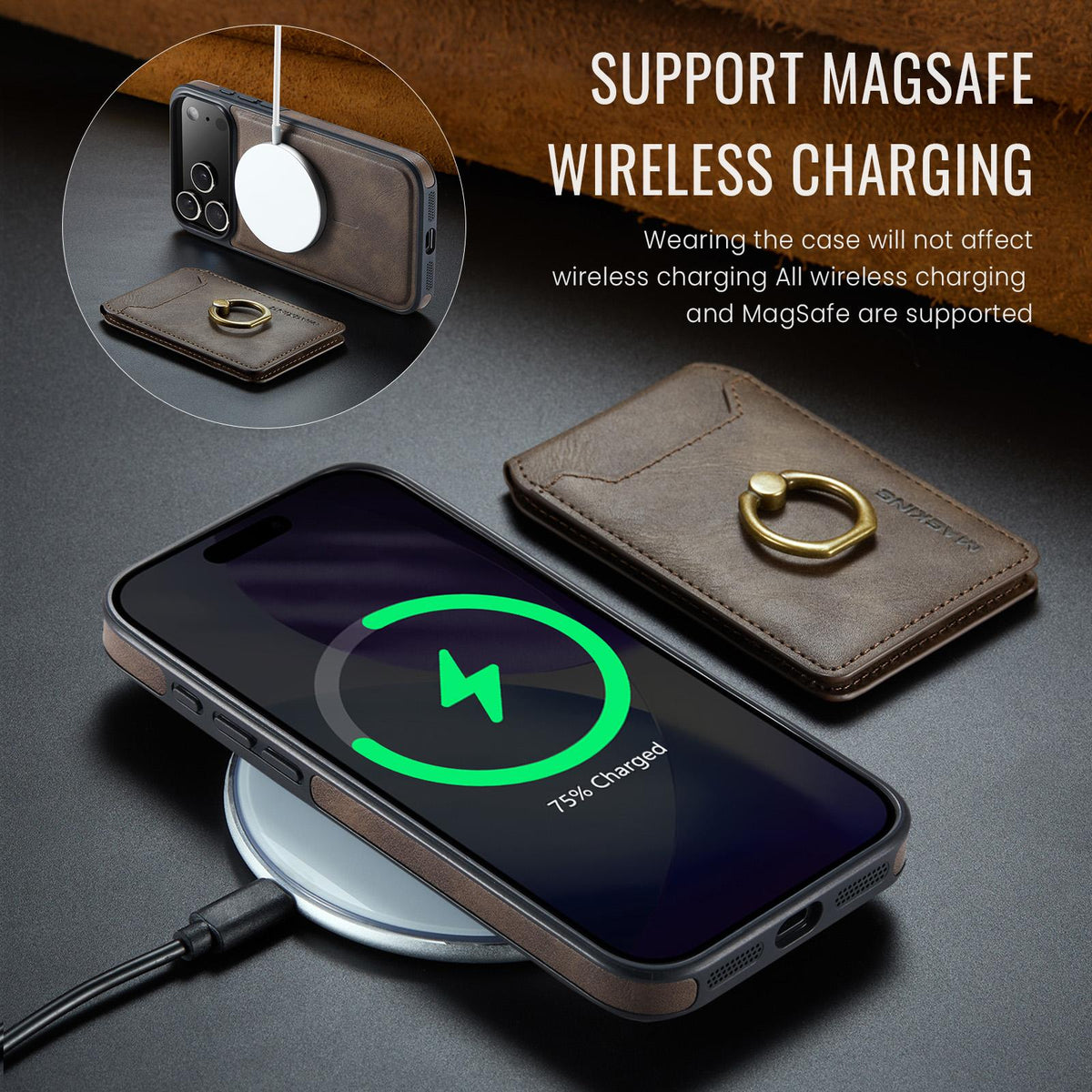 Compatible with iPhone 18 Pro Max & 17 Pro Max MAGKING K1 MagSafe Detachable Wallet RFID Back Cover Phone Case - Coffee