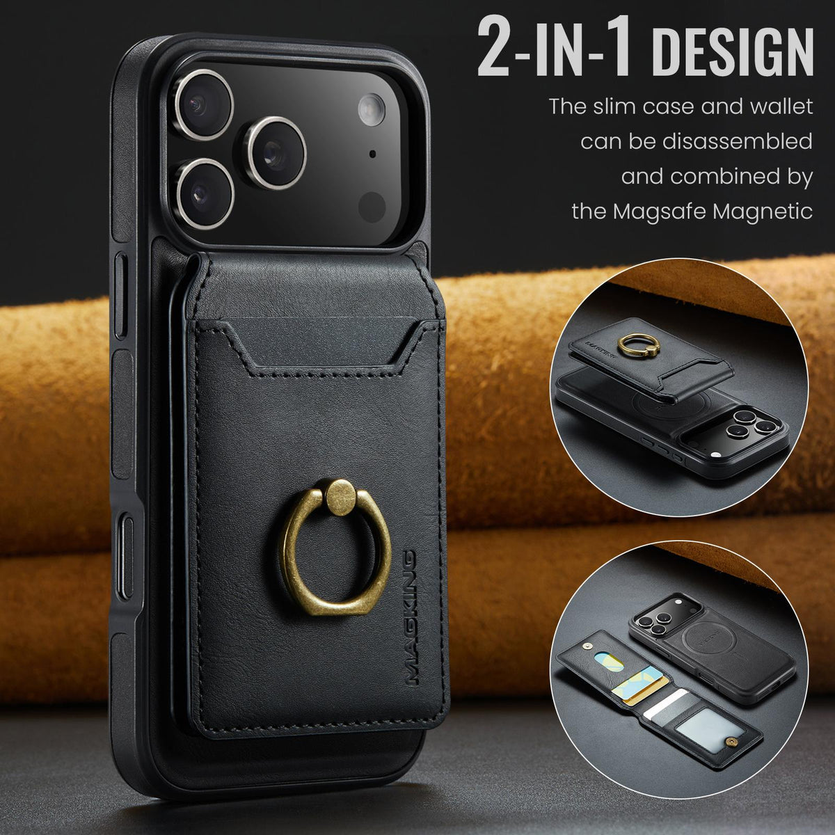 Compatible with iPhone 18 Pro Max & 17 Pro Max MAGKING K1 MagSafe Detachable Wallet RFID Back Cover Phone Case - Black