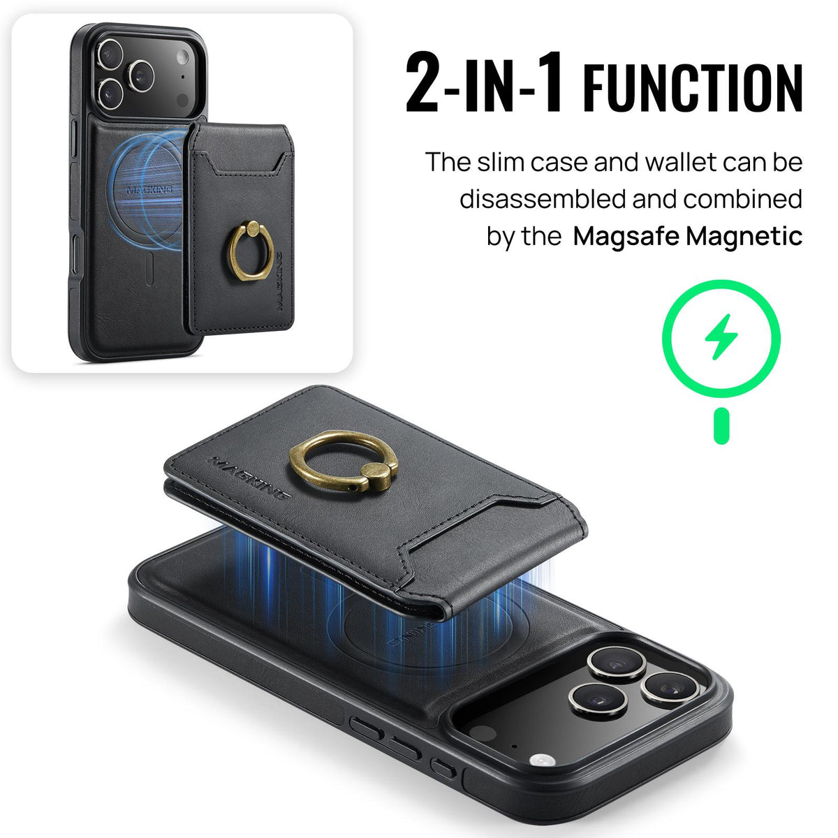 Compatible with iPhone 18 Pro Max & 17 Pro Max MAGKING K1 MagSafe Detachable Wallet RFID Back Cover Phone Case - Black
