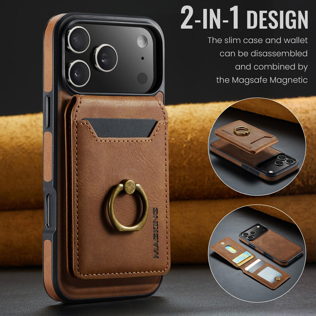 Compatible with iPhone 18 Pro Max & 17 Pro Max MAGKING K1 MagSafe Detachable Wallet RFID Back Cover Phone Case - Brown