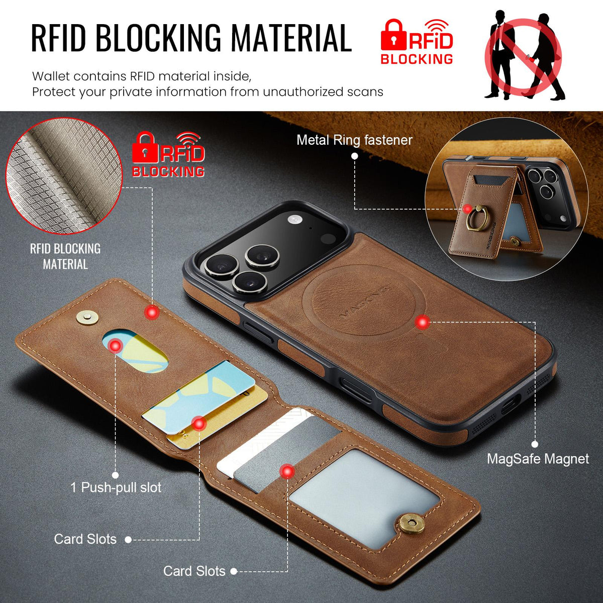 Compatible with iPhone 18 Pro Max & 17 Pro Max MAGKING K1 MagSafe Detachable Wallet RFID Back Cover Phone Case - Brown