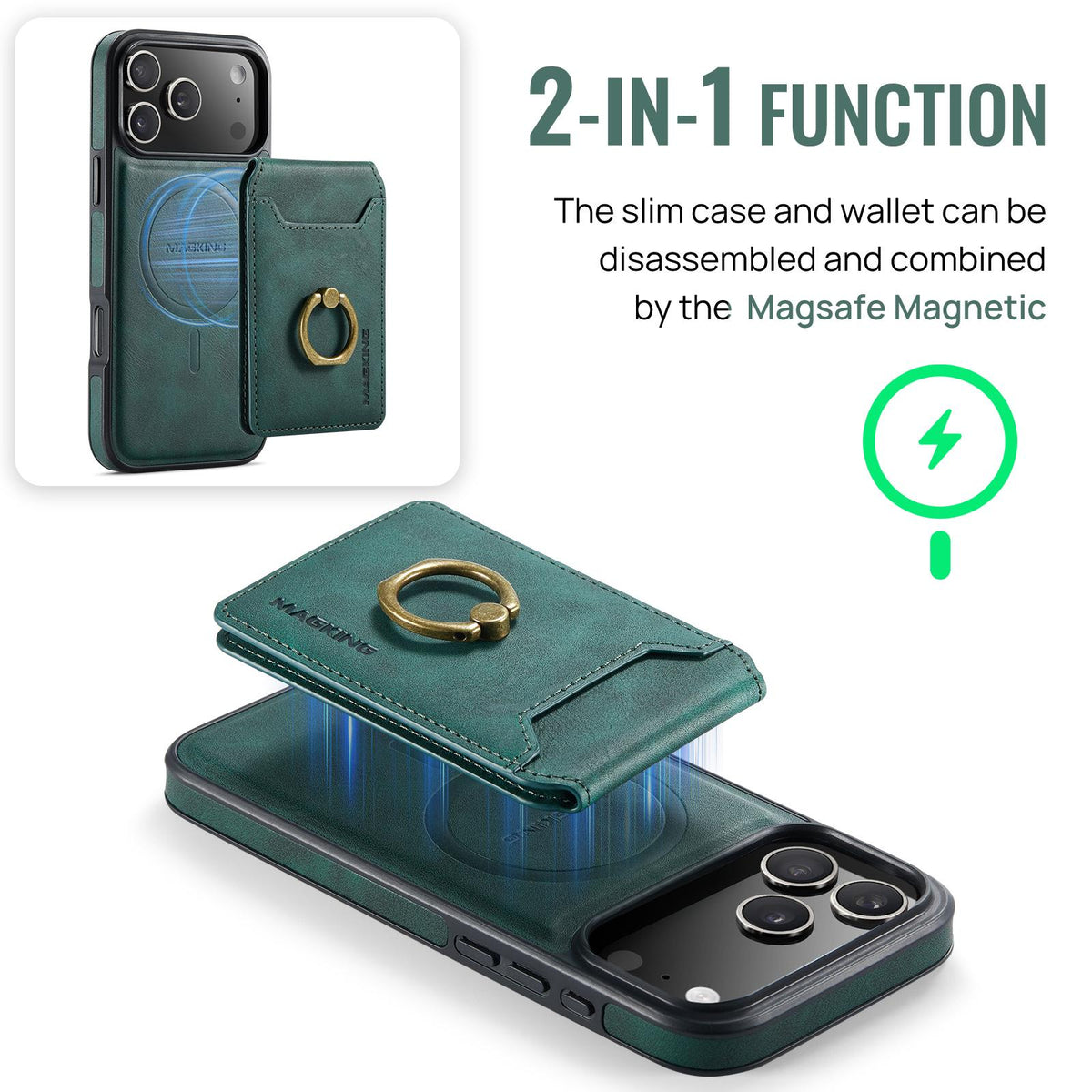 Compatible with iPhone 18 Pro Max & 17 Pro Max MAGKING K1 MagSafe Detachable Wallet RFID Back Cover Phone Case - Green