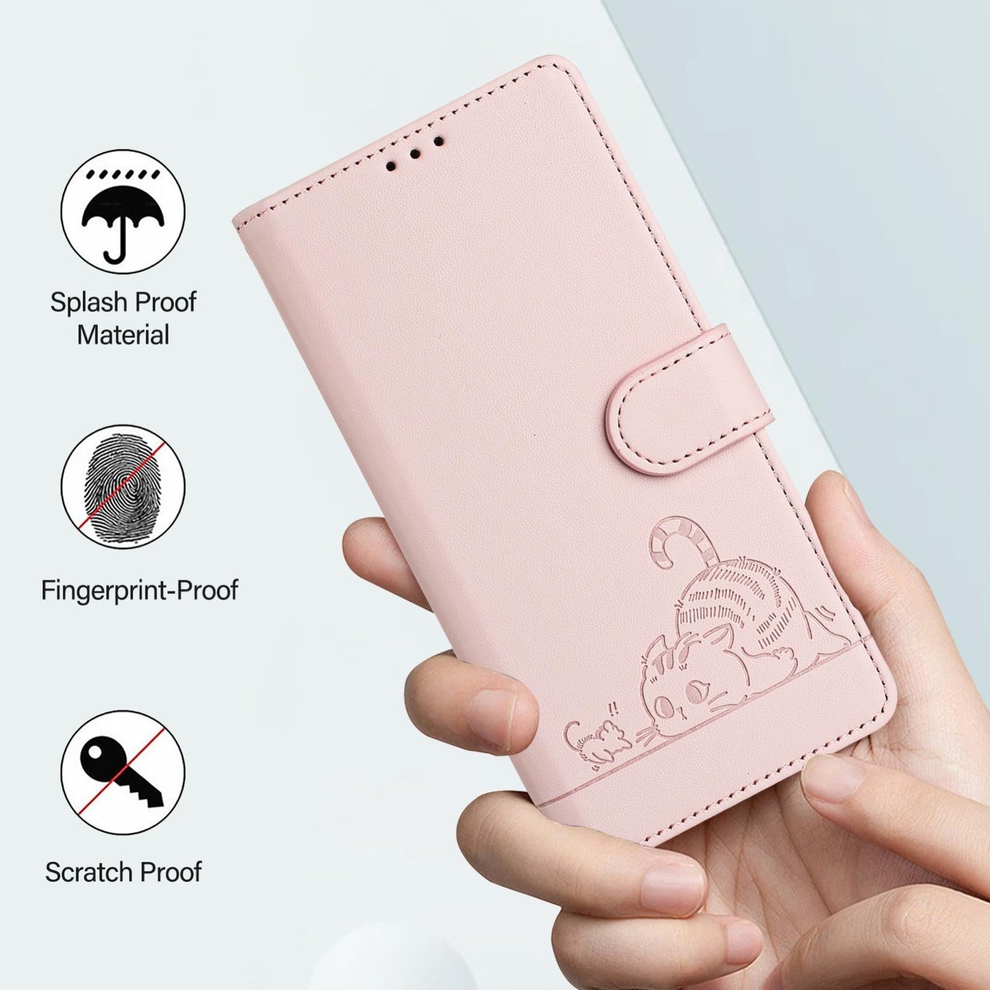 For Samsung Galaxy S25 Edge 5G Cat Rat Embossed RFID Leather Phone Case with Lanyard(Pink)