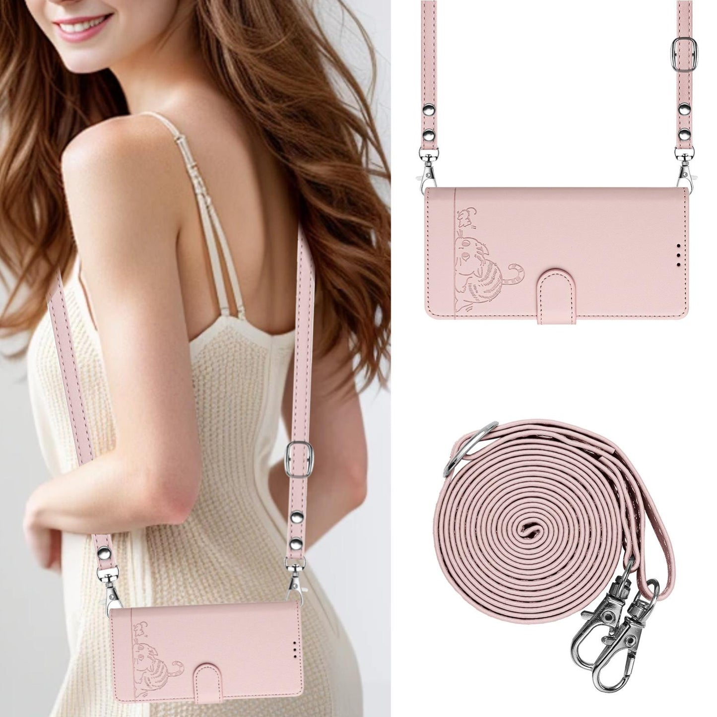 For Samsung Galaxy S25 Edge 5G Cat Rat Embossed RFID Leather Phone Case with Lanyard(Pink)
