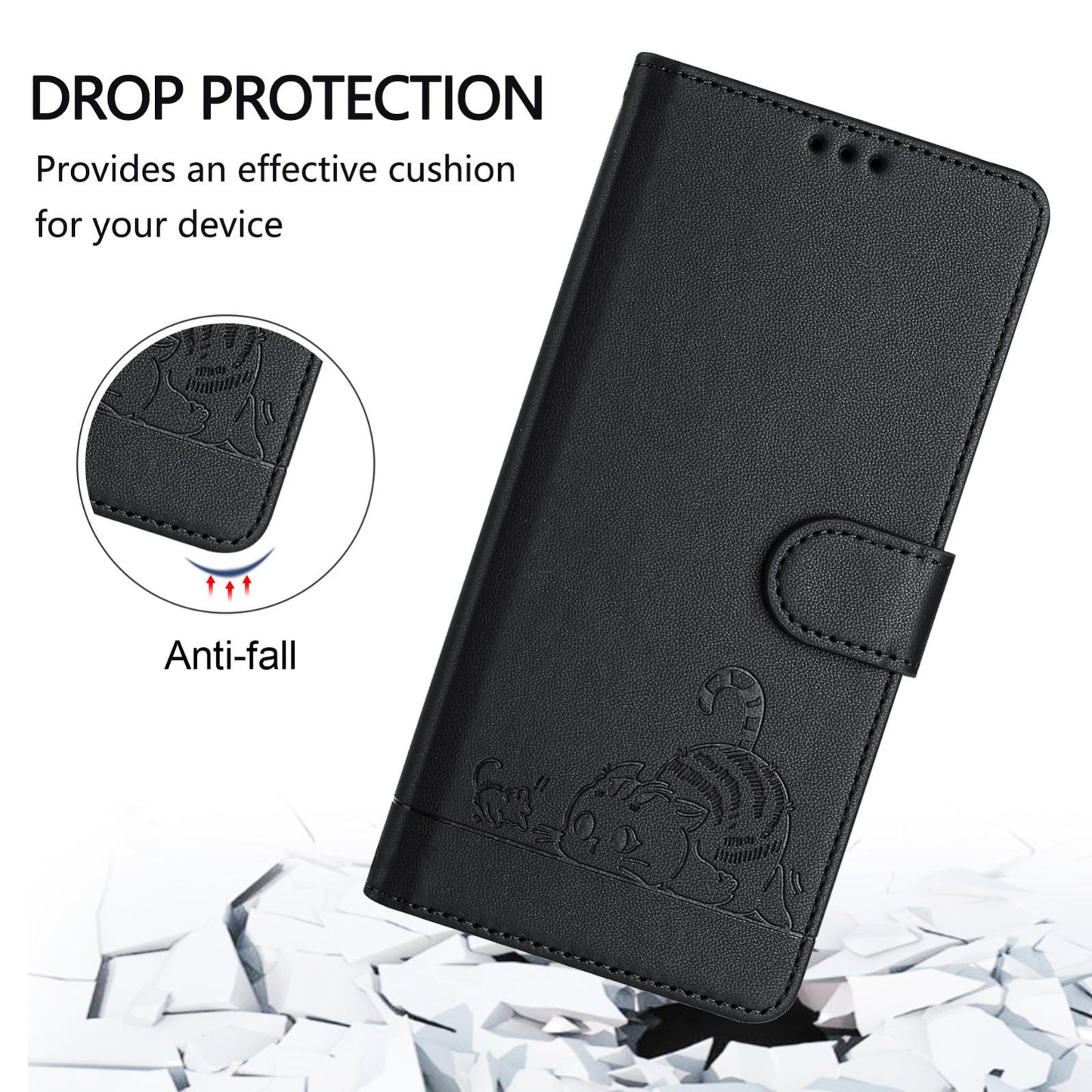For Samsung Galaxy S25 Edge 5G Cat Rat Embossed RFID Leather Phone Case with Lanyard(Black)