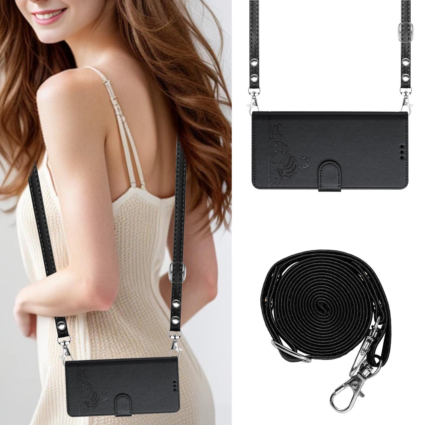 For Samsung Galaxy S25 Edge 5G Cat Rat Embossed RFID Leather Phone Case with Lanyard(Black)