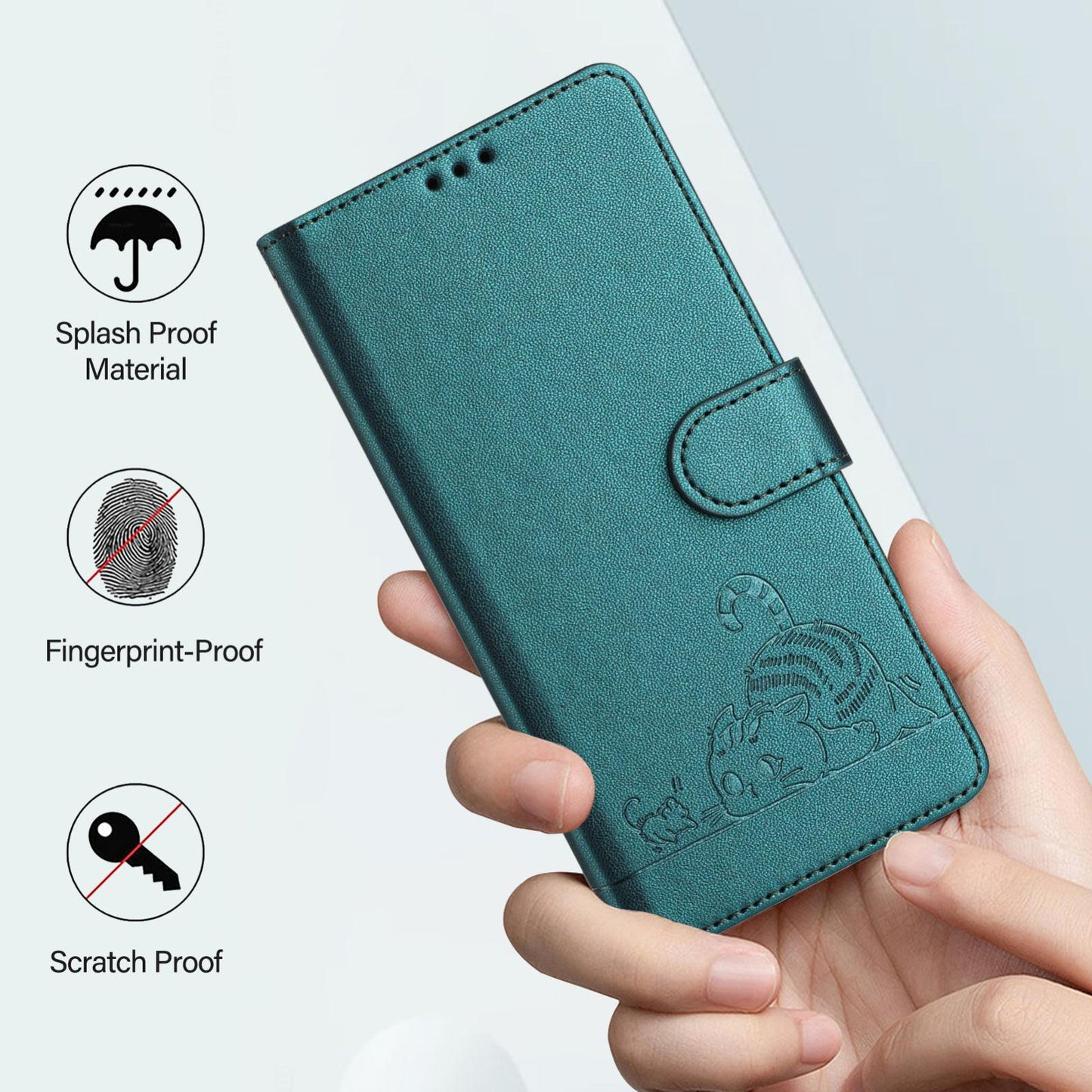 For Samsung Galaxy S25 Edge 5G Cat Rat Embossed RFID Leather Phone Case with Lanyard(Peacock Green)
