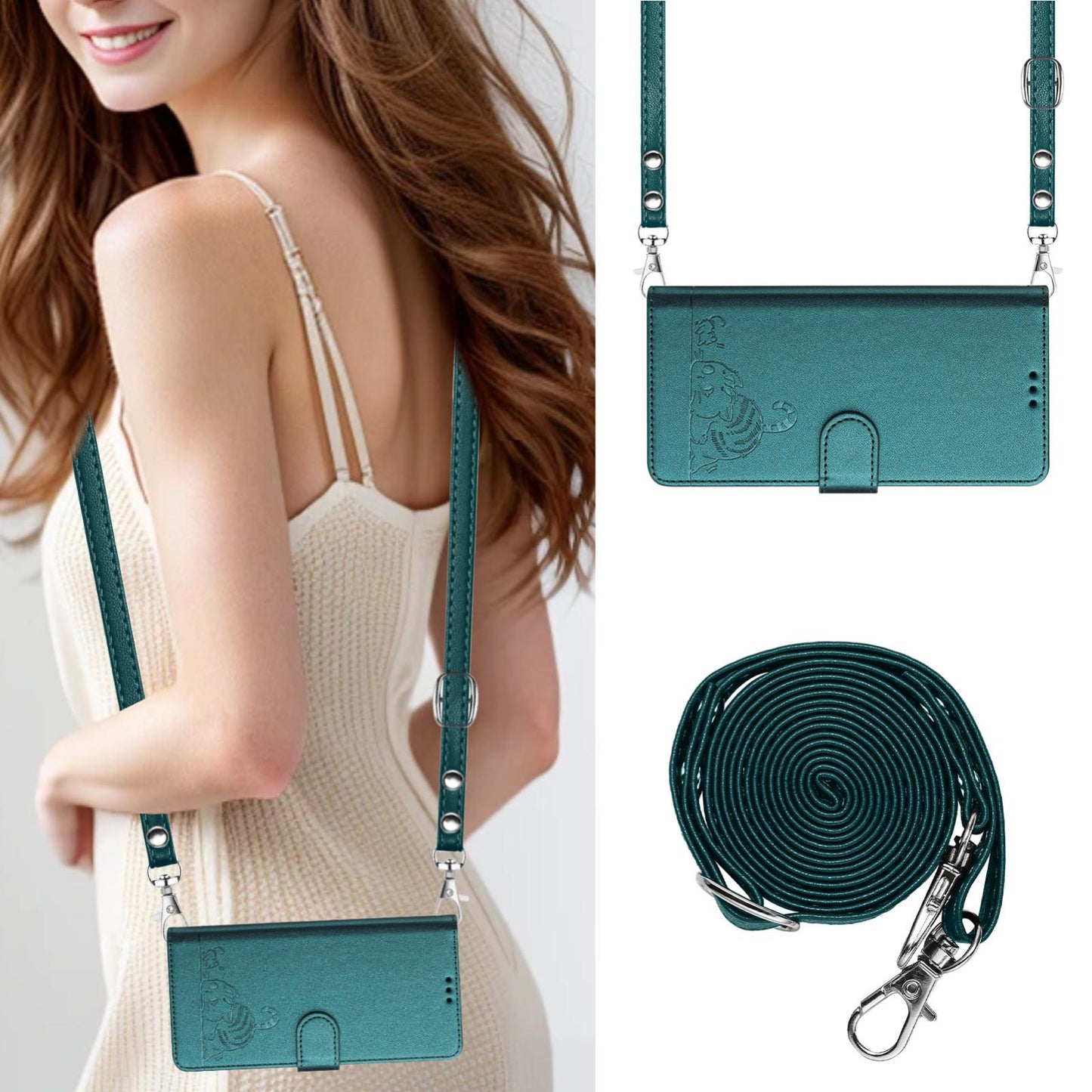 For Samsung Galaxy S25 Edge 5G Cat Rat Embossed RFID Leather Phone Case with Lanyard(Peacock Green)