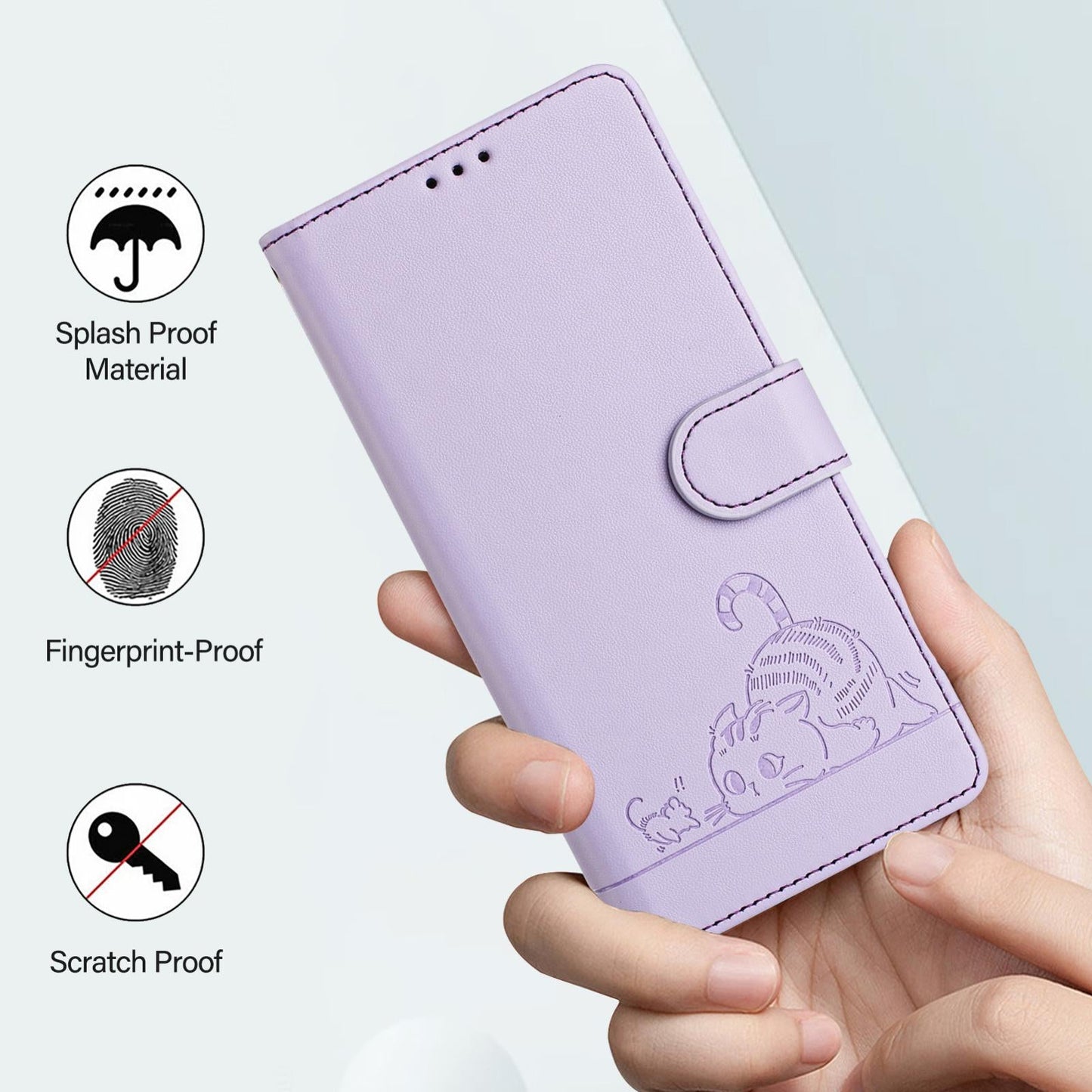 For Samsung Galaxy S25 Edge 5G Cat Rat Embossed RFID Leather Phone Case with Lanyard(Purple)