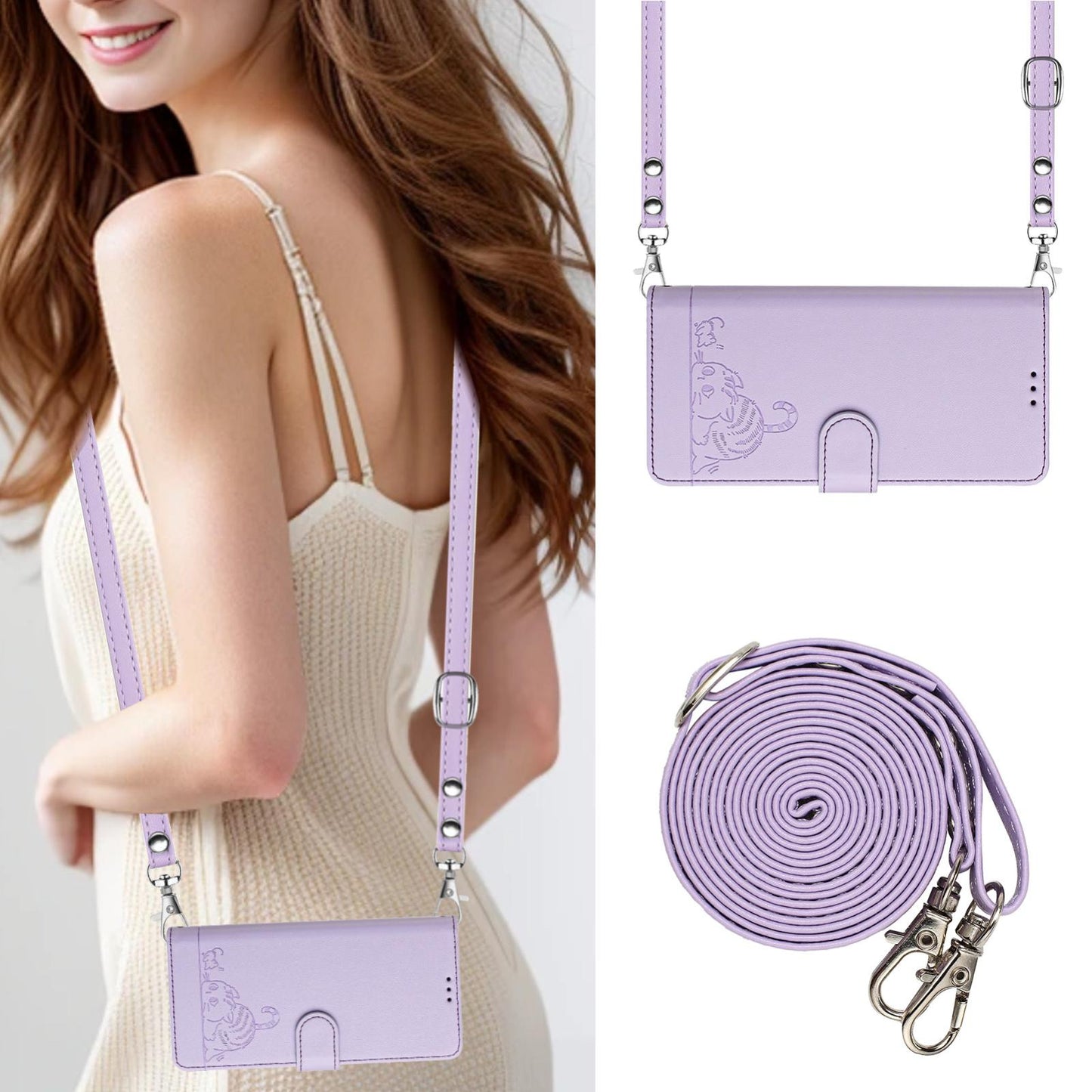 For Samsung Galaxy S25 Edge 5G Cat Rat Embossed RFID Leather Phone Case with Lanyard(Purple)