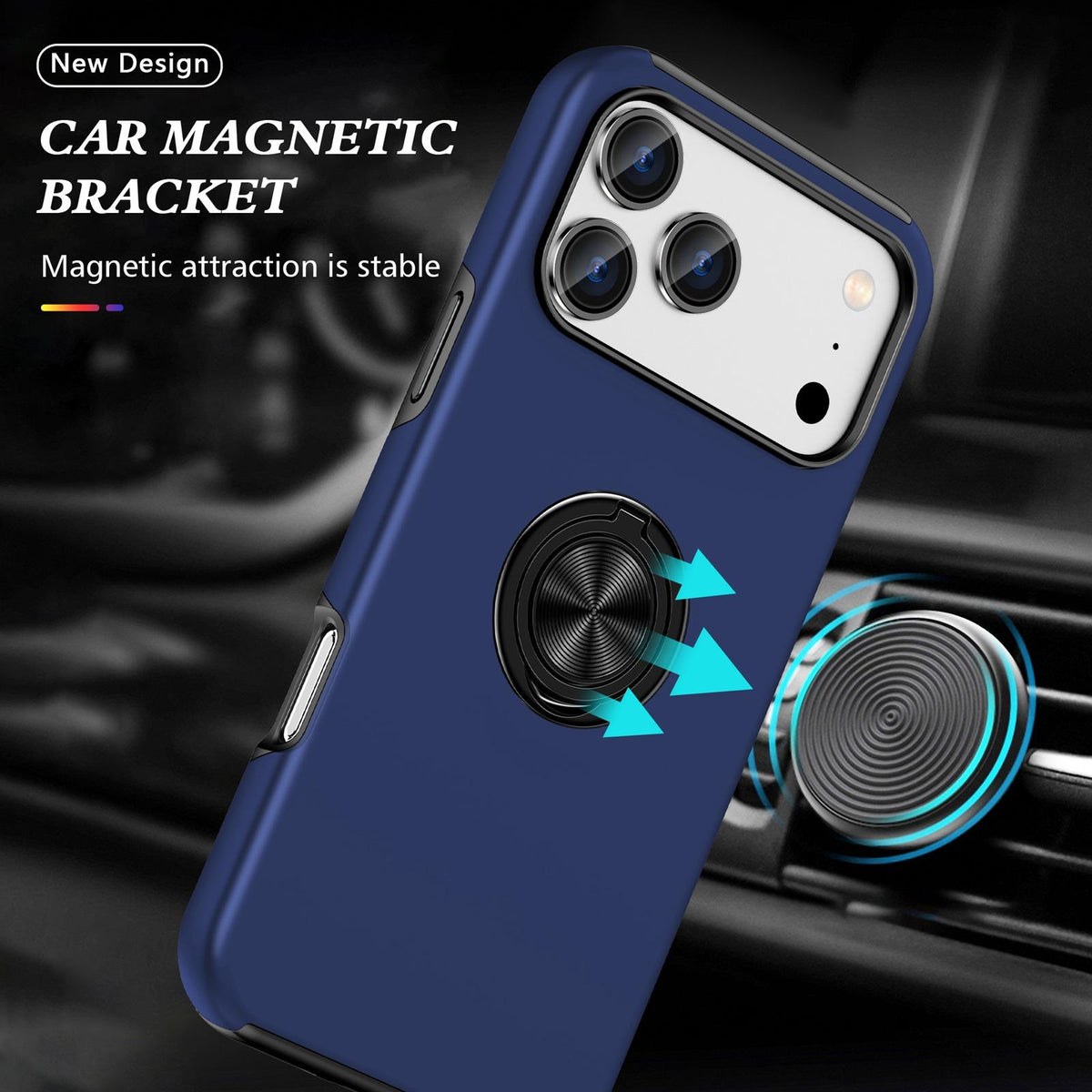 Compatible with iPhone 18 Pro Max PC + TPU Magnetic Phone Case with Invisible Ring Holder - Navy Blue