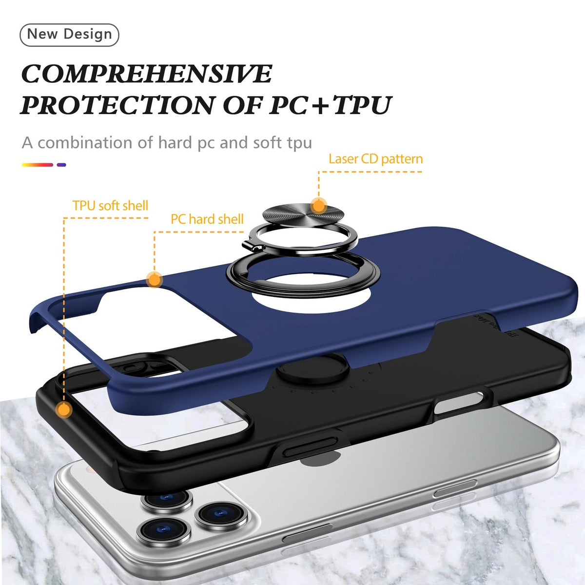 Compatible with iPhone 18 Pro Max PC + TPU Magnetic Phone Case with Invisible Ring Holder - Navy Blue
