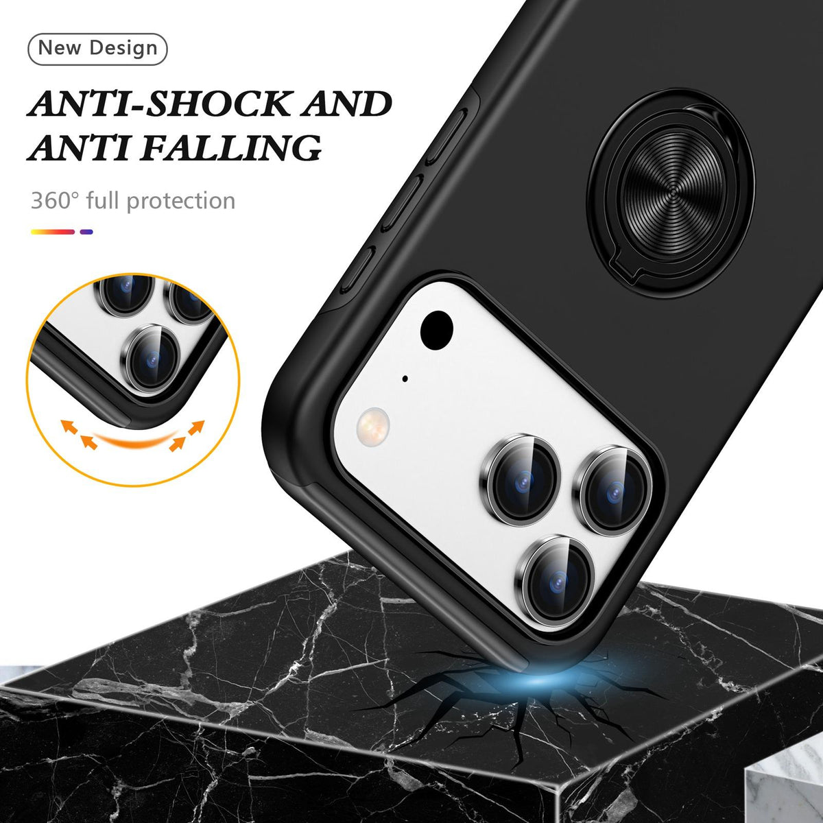 Compatible with iPhone 18 Pro Max PC + TPU Magnetic Phone Case with Invisible Ring Holder - Black