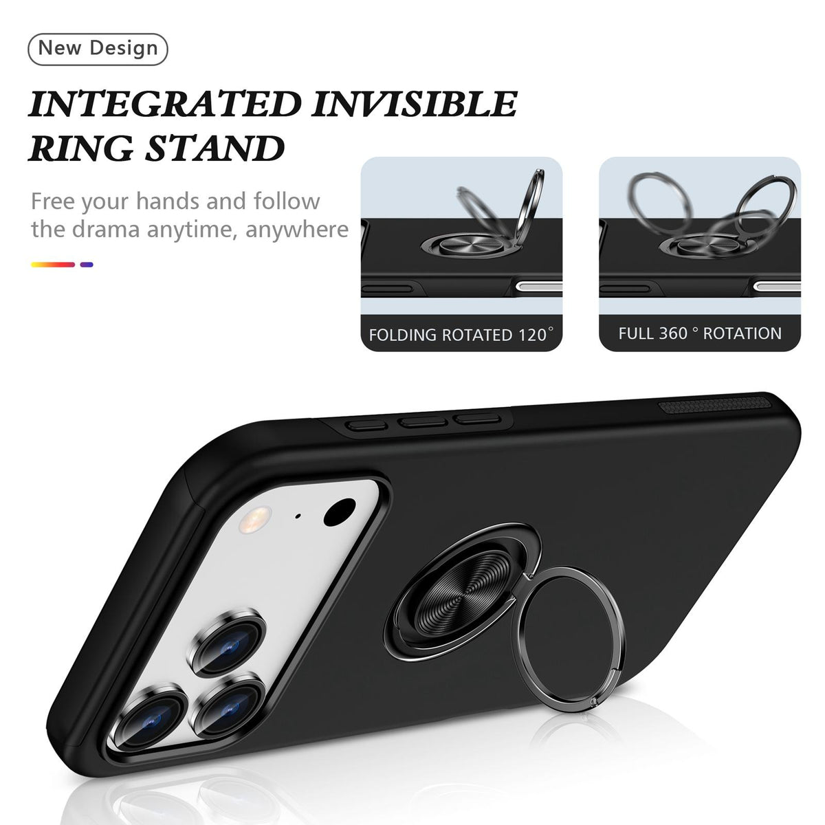 Compatible with iPhone 18 Pro Max PC + TPU Magnetic Phone Case with Invisible Ring Holder - Black