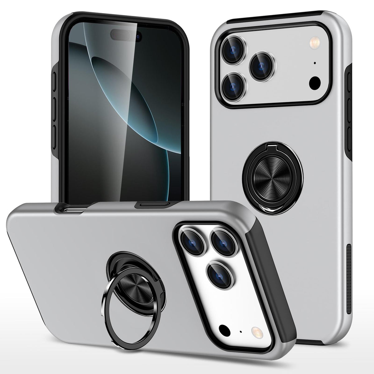 Compatible with iPhone 18 Pro Max PC + TPU Magnetic Phone Case with Invisible Ring Holder - Silver