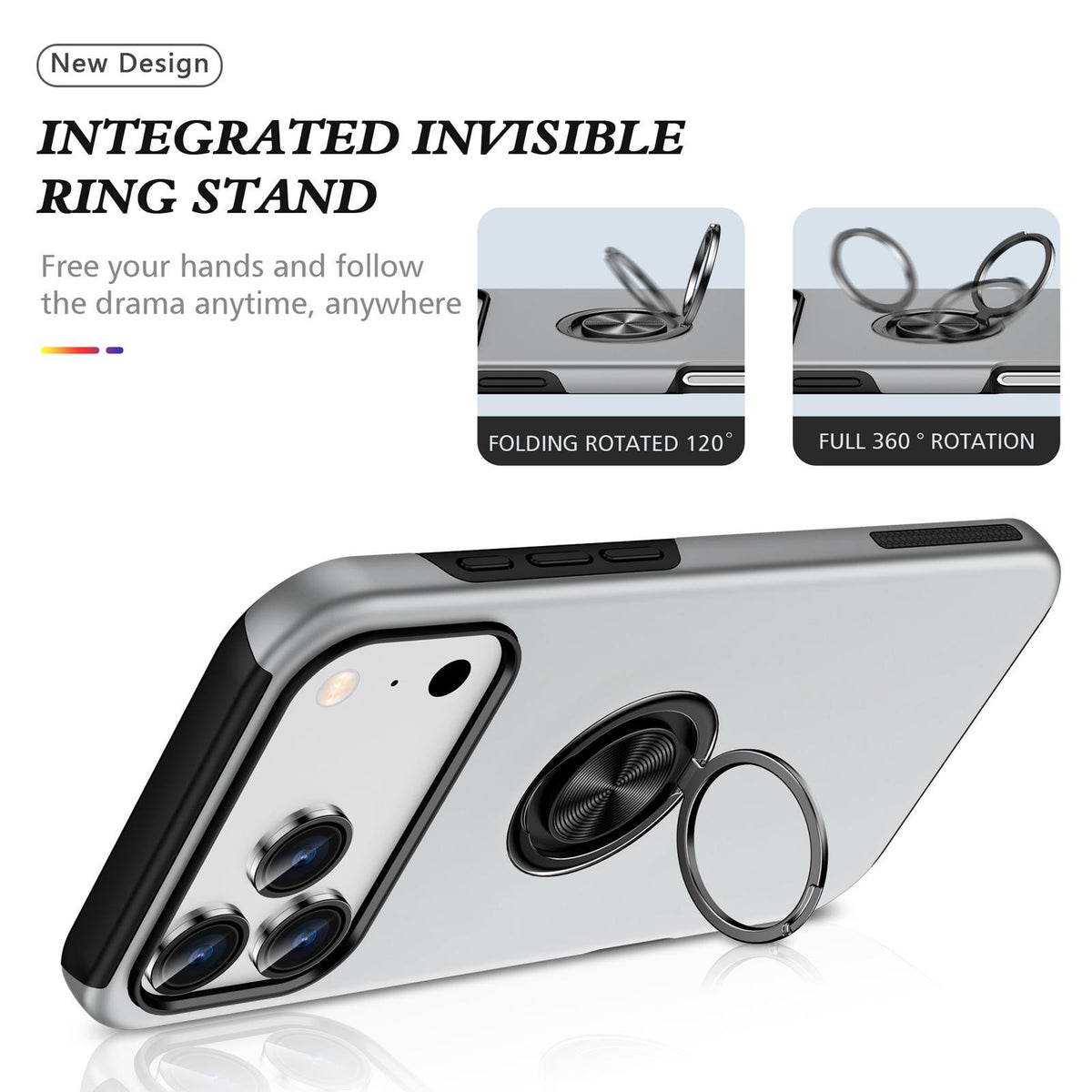 Compatible with iPhone 18 Pro Max PC + TPU Magnetic Phone Case with Invisible Ring Holder - Silver