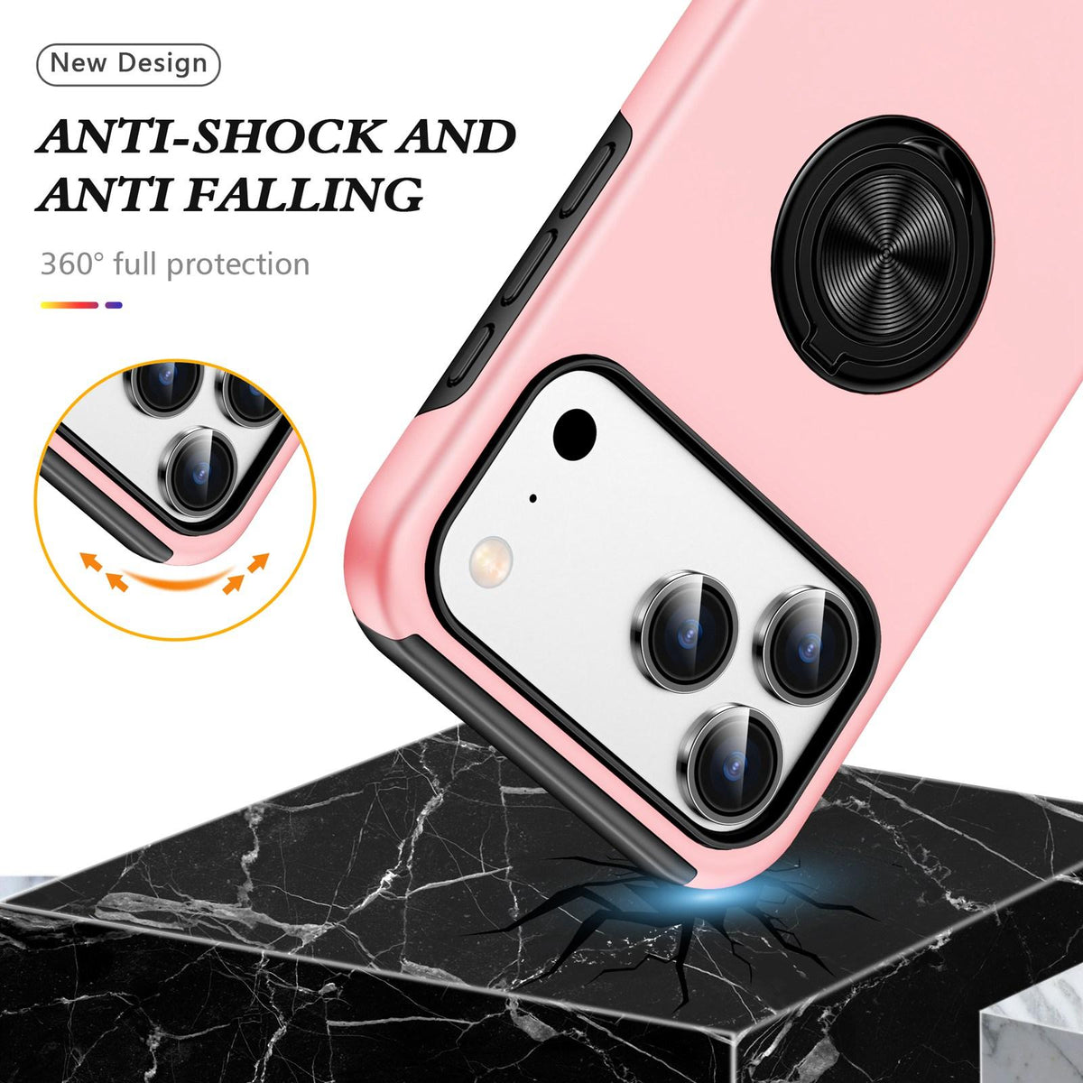 Compatible with iPhone 18 Pro PC + TPU Magnetic Phone Case with Invisible Ring Holder - Rose Gold