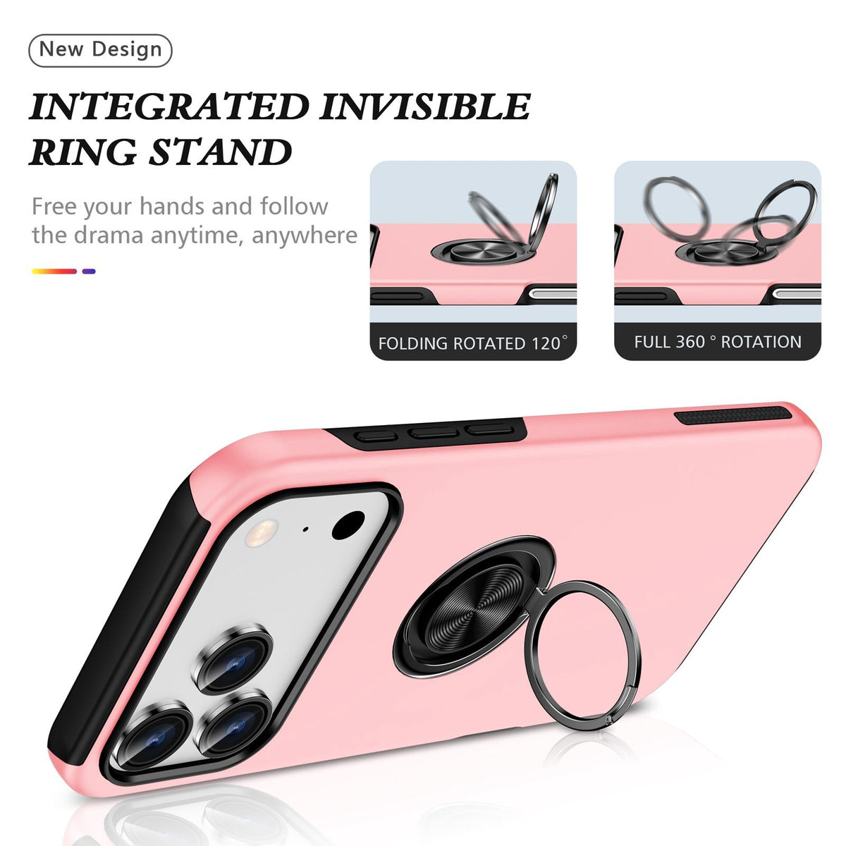 Compatible with iPhone 18 Pro PC + TPU Magnetic Phone Case with Invisible Ring Holder - Rose Gold