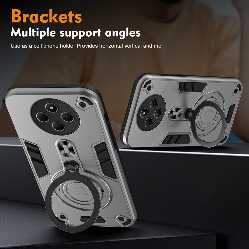 For Redmi 14C 4G Metal Ring 360 Degree Rotating Holder PC Hybrid TPU Phone Case(Silver Grey)