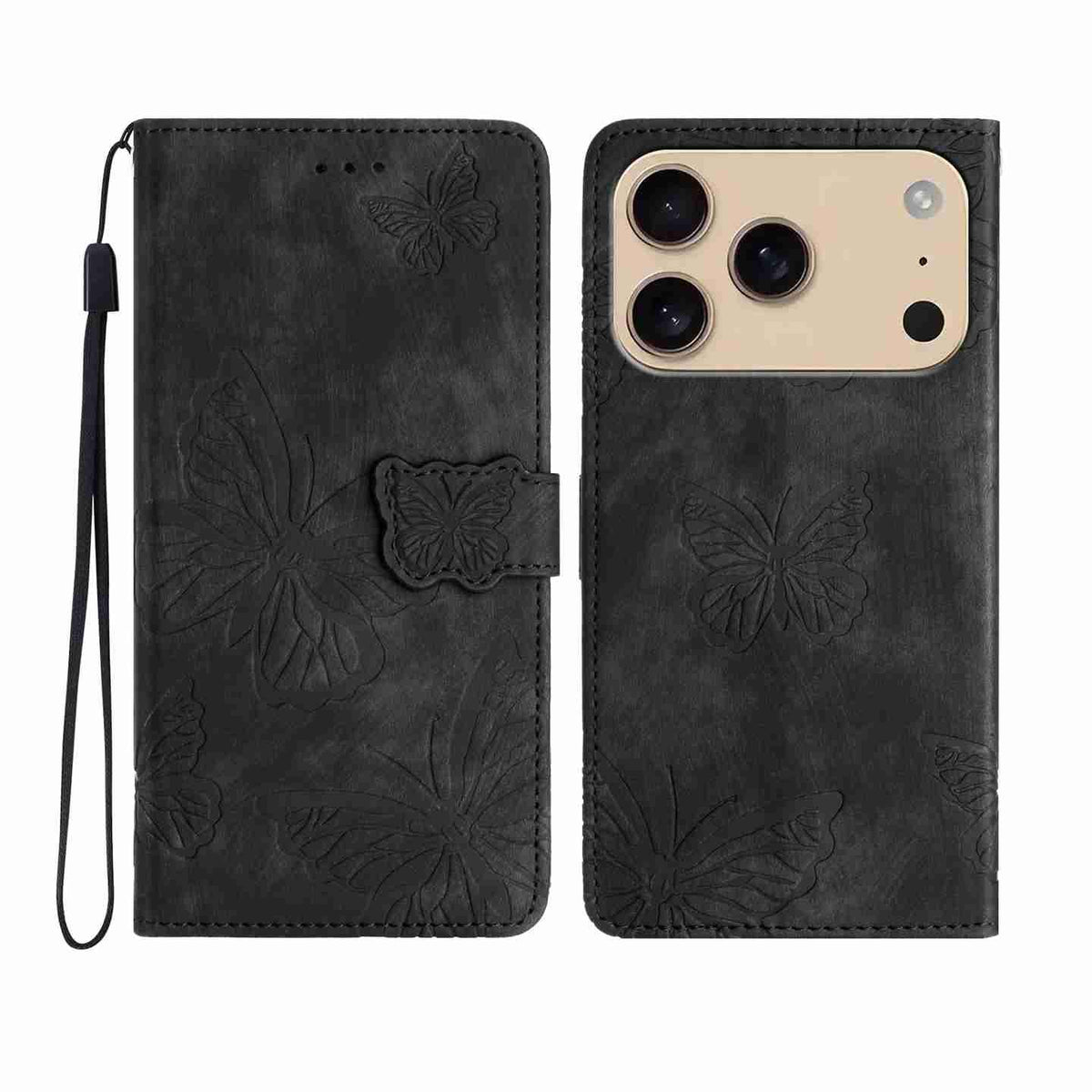 Compatible with iPhone 18 Pro Max & 17 Pro Max Skin-feel Embossed Butterfly Leather Phone Case - Black