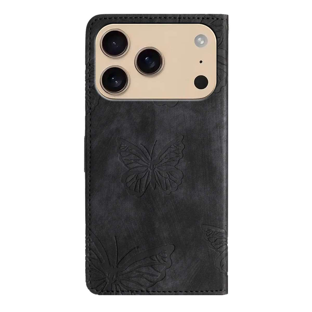 Compatible with iPhone 18 Pro Max & 17 Pro Max Skin-feel Embossed Butterfly Leather Phone Case - Black
