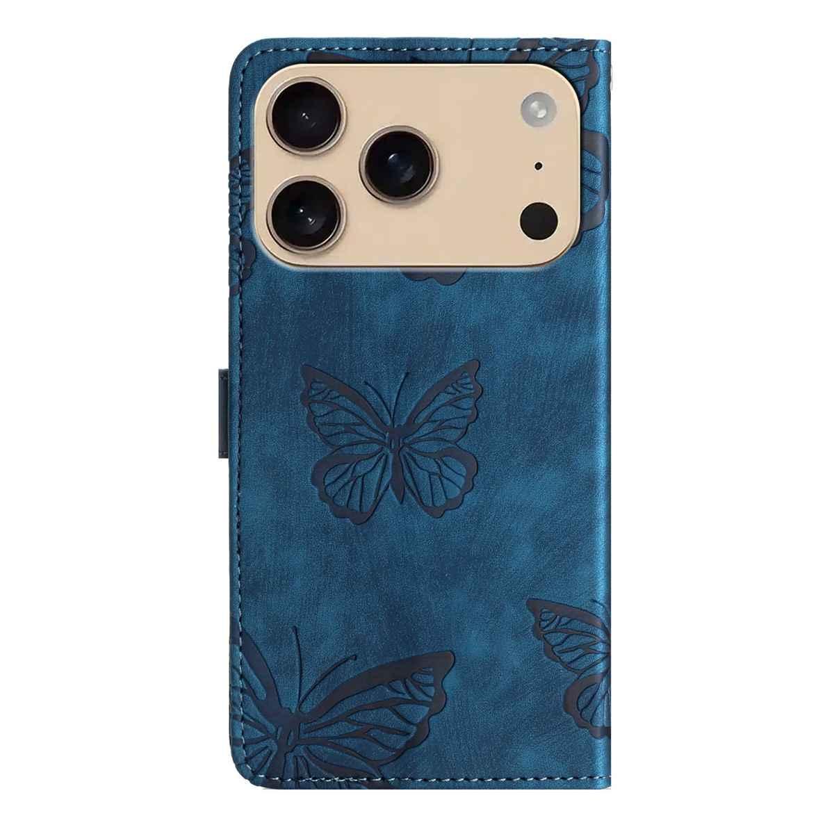 Compatible with iPhone 18 Pro Max & 17 Pro Max Skin-feel Embossed Butterfly Leather Phone Case - Blue