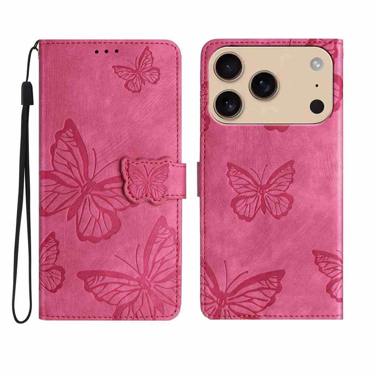 Compatible with iPhone 18 Pro Max & 17 Pro Max Skin-feel Embossed Butterfly Leather Phone Case - Rose Red