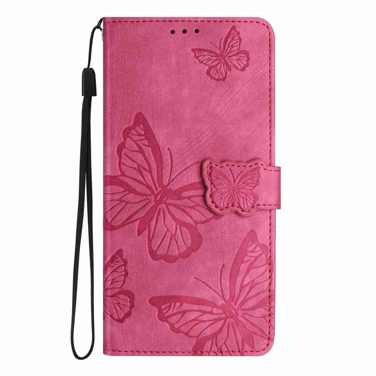 Compatible with iPhone 18 Pro Max & 17 Pro Max Skin-feel Embossed Butterfly Leather Phone Case - Rose Red