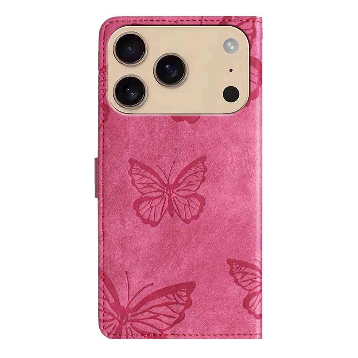 Compatible with iPhone 18 Pro Max & 17 Pro Max Skin-feel Embossed Butterfly Leather Phone Case - Rose Red
