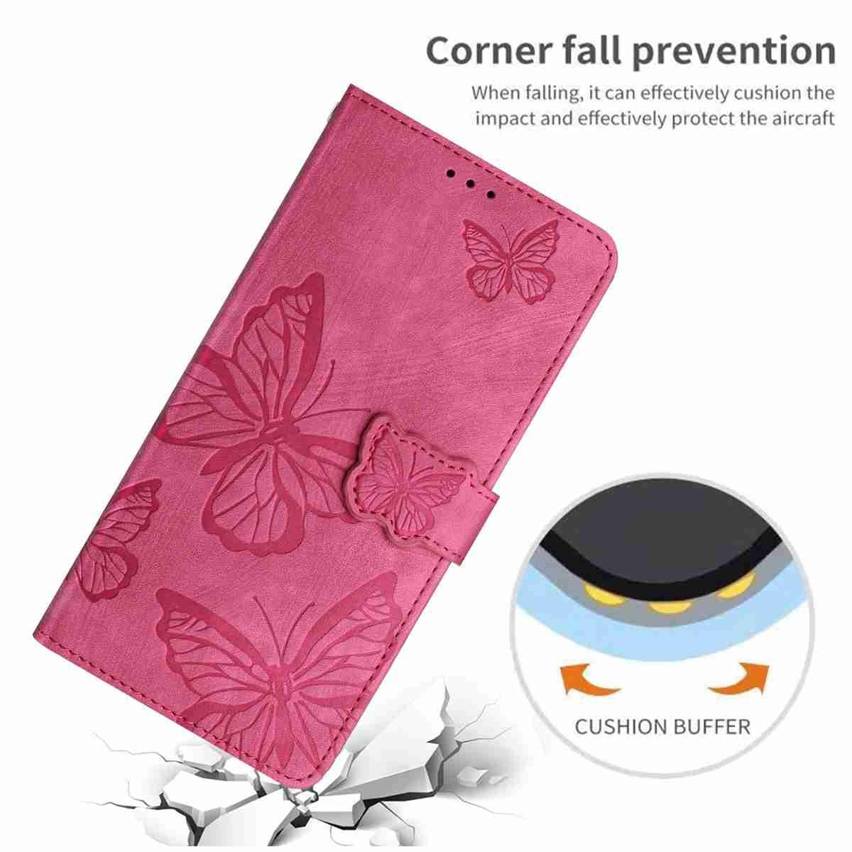 Compatible with iPhone 18 Pro Max & 17 Pro Max Skin-feel Embossed Butterfly Leather Phone Case - Rose Red