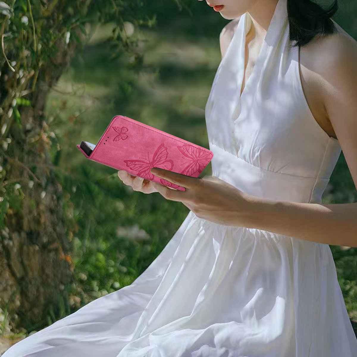 Compatible with iPhone 18 Pro Max & 17 Pro Max Skin-feel Embossed Butterfly Leather Phone Case - Rose Red