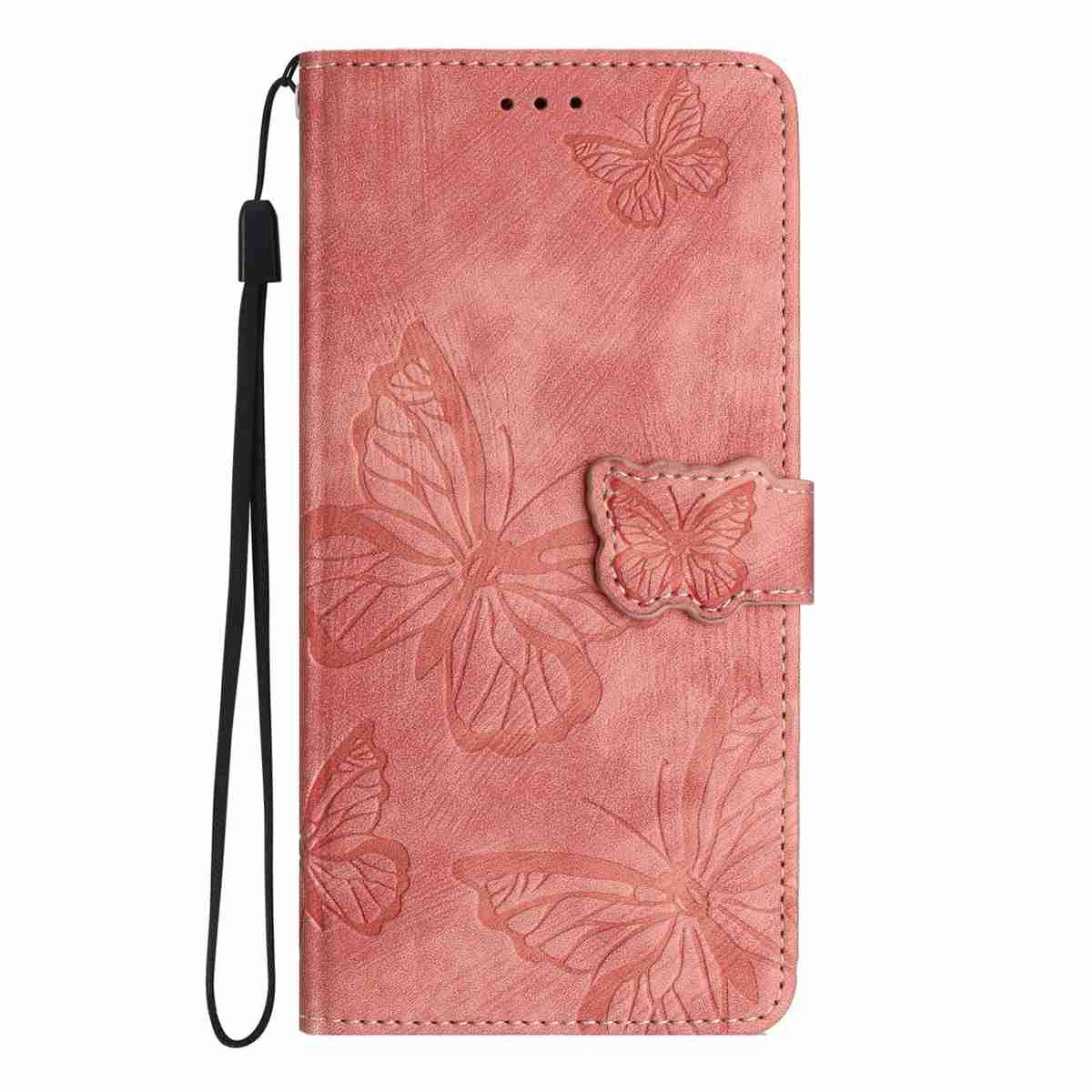 Compatible with iPhone 18 Pro Max & 17 Pro Max Skin-feel Embossed Butterfly Leather Phone Case - Pink