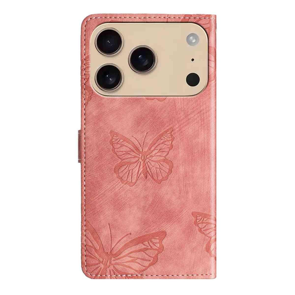 Compatible with iPhone 18 Pro Max & 17 Pro Max Skin-feel Embossed Butterfly Leather Phone Case - Pink